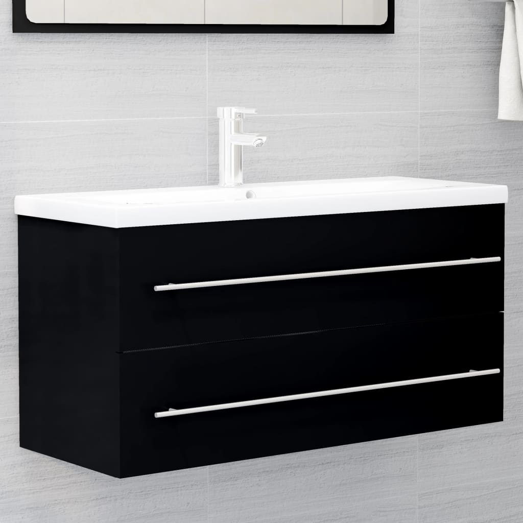 VidaXL Meuble D'Évier Salle De Bain Noir Scandinave – Armoire Lavabo 58x33x60 Cm Avec Portes Et Pieds Bois