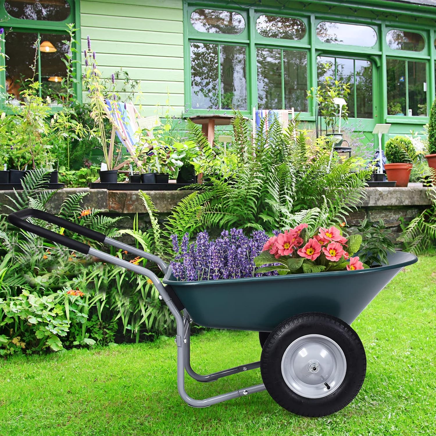 Brouette de Jardin 2 Roues Pneus Pneumatiques Ø35cm 75L Charge Max 100KG Résistante en Fer pour Jardinage/Maçonnerie Vert - 9
