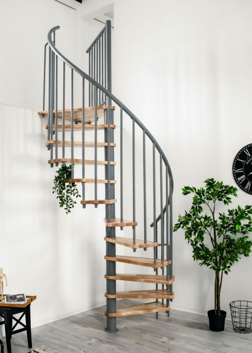 Escalera de caracol redonda|peldaño de madera|gris|altura máx. 282cm|ø140cm
