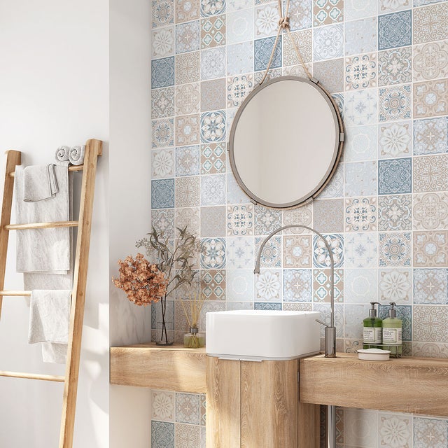 Crédence adhésive sticker décoratif pour salle de bain - Motif carreaux de ciment - Adhésif MAT - 60x60 cm