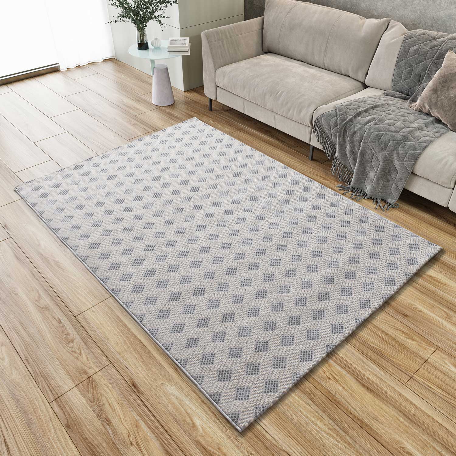 Prostokątny srebrny dywan wewnętrzny 133 x 190 cm BARESA z geometrycznym tłoczeniem - ATTICGO