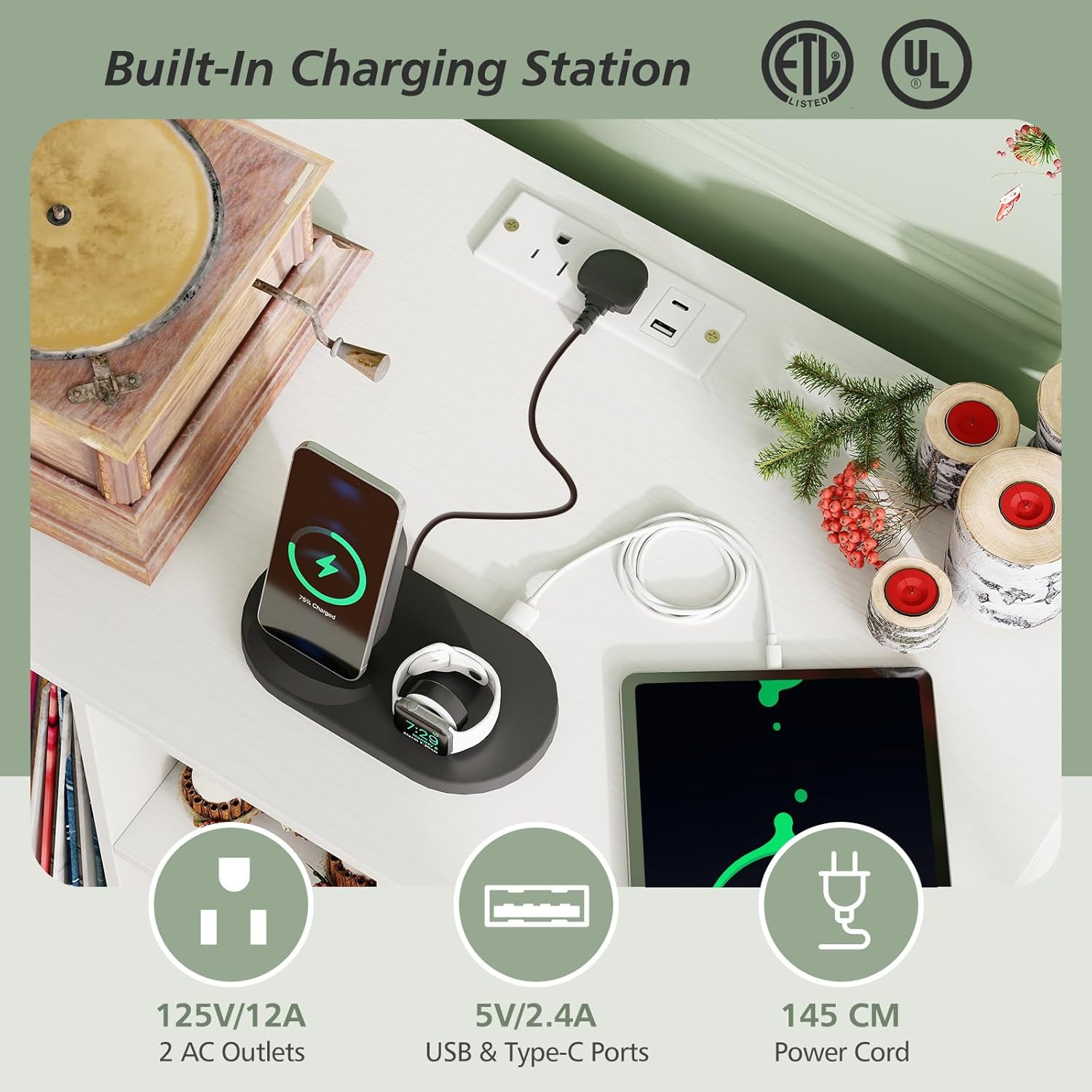 Meuble Platine Vinyle 80 x 45 x 79,5 CM, Table Tourne-Disque avec étagères & Station de Charge, Cadre en Métal, Organisateur de Rangement, Blanc - 8