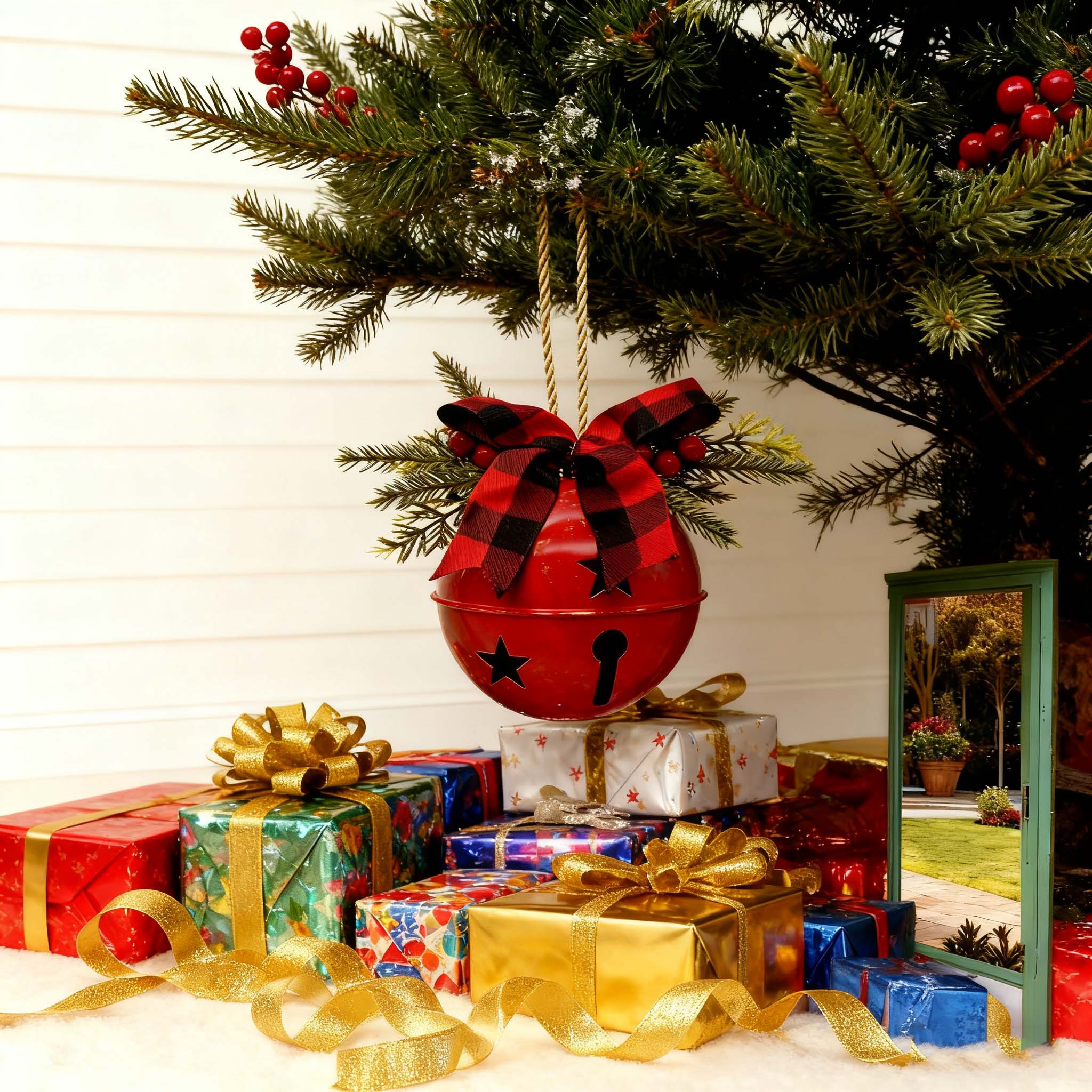 Cloche de Noël rouge et dorée – Décoration vibrante en fonte avec nœud écossais pour porte, fenêtre ou arbre de Noël – Élégance festive - 4