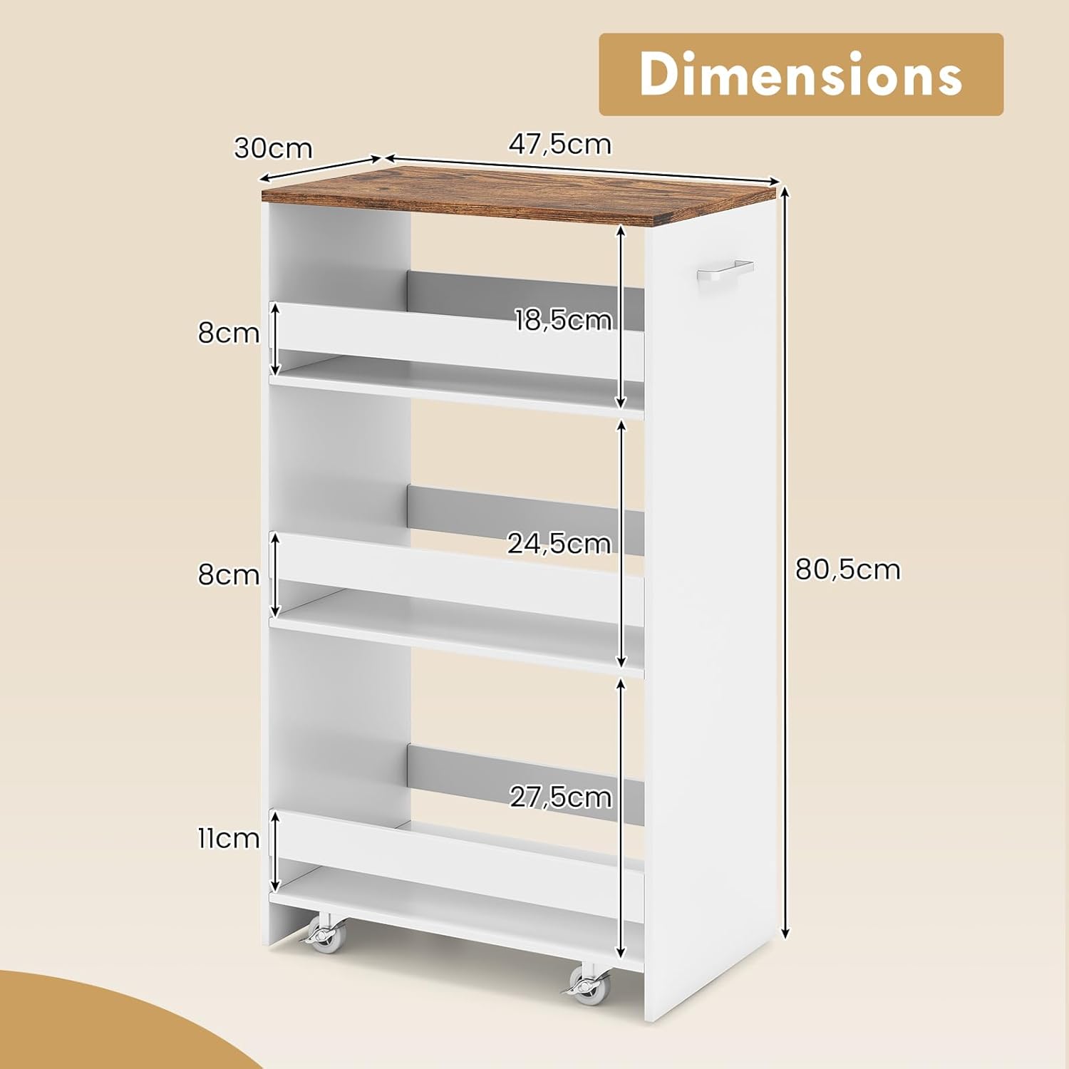 Chariot de Rangement Largeur 30 cm à roulettes, Desserte de Cuisine à 4 Niveaux, Poignée Latérale et Roues Universelles avec Freins (Blanc+ Brun) - 3