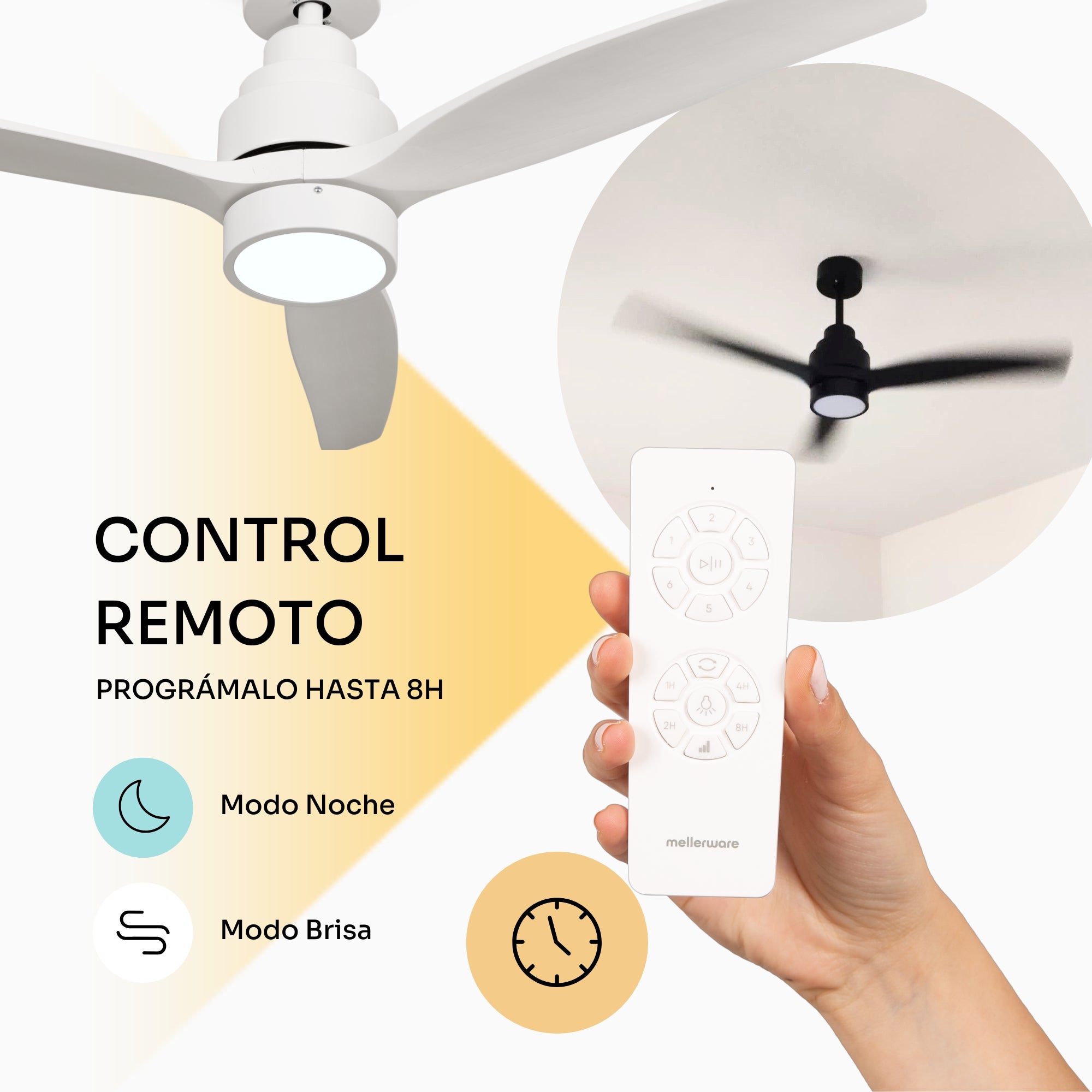 Mellerware - Ventilador de Techo Brizy Bright | 30W | 6 Velocidades | Ultra silencioso | 3 Aspas 132Ø | Función Verano-Invierno | LED | Lightwood - 5