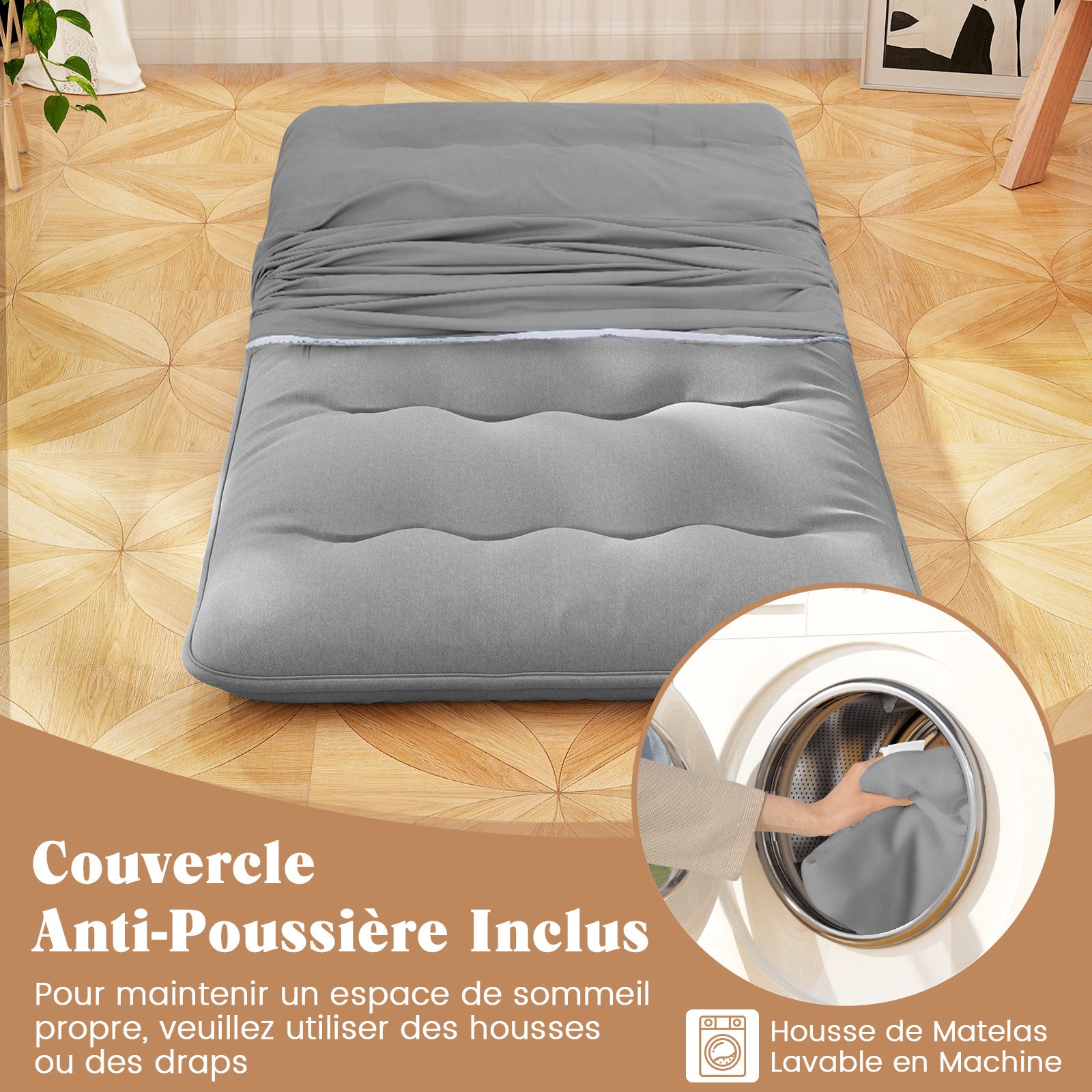 Matelas Futon Portable Pliable, Matelas Futon Japonais 90 x 200 cm, Housse Lavable,d'Invités (Gris) - 5