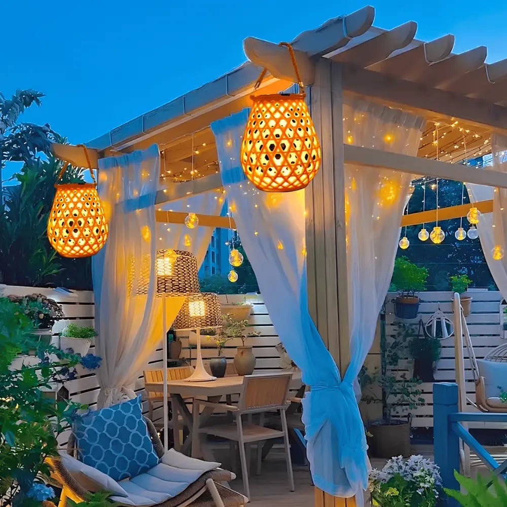 Lanterna Solar Exterior, Luminária Solar com Trama de Bambu Sintético, À Prova de Água IP65, Luz Solar para Jardim, Branco Quente (3500K) - 4