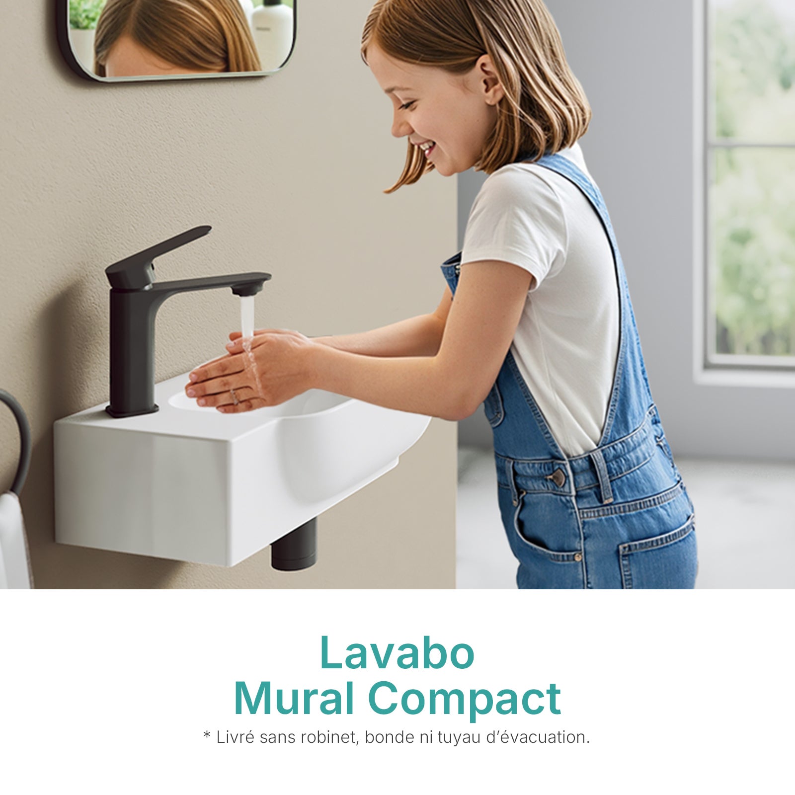 EMKE Lavabo mural rectangulaire en céramique 40 x 25 x 14 cm, trou de robinet à gauche, avec trop-plein, blanc brillant - 5