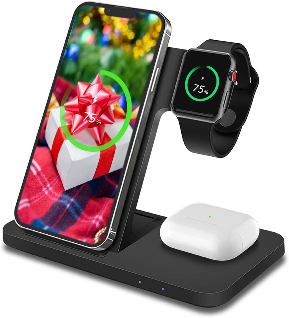 Station de Recharge Sans Fil 3-en-1 pour iPhone, Apple Watch et AirPods,  Chargeur Magsafe 15W, Support Qi Noir | Leroy Merlin
