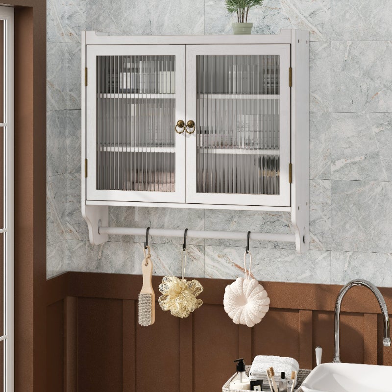 Cabinet mural vintage blanc avec portes vitrées, 3 étagères et porte-serviette, 63 cm - 3