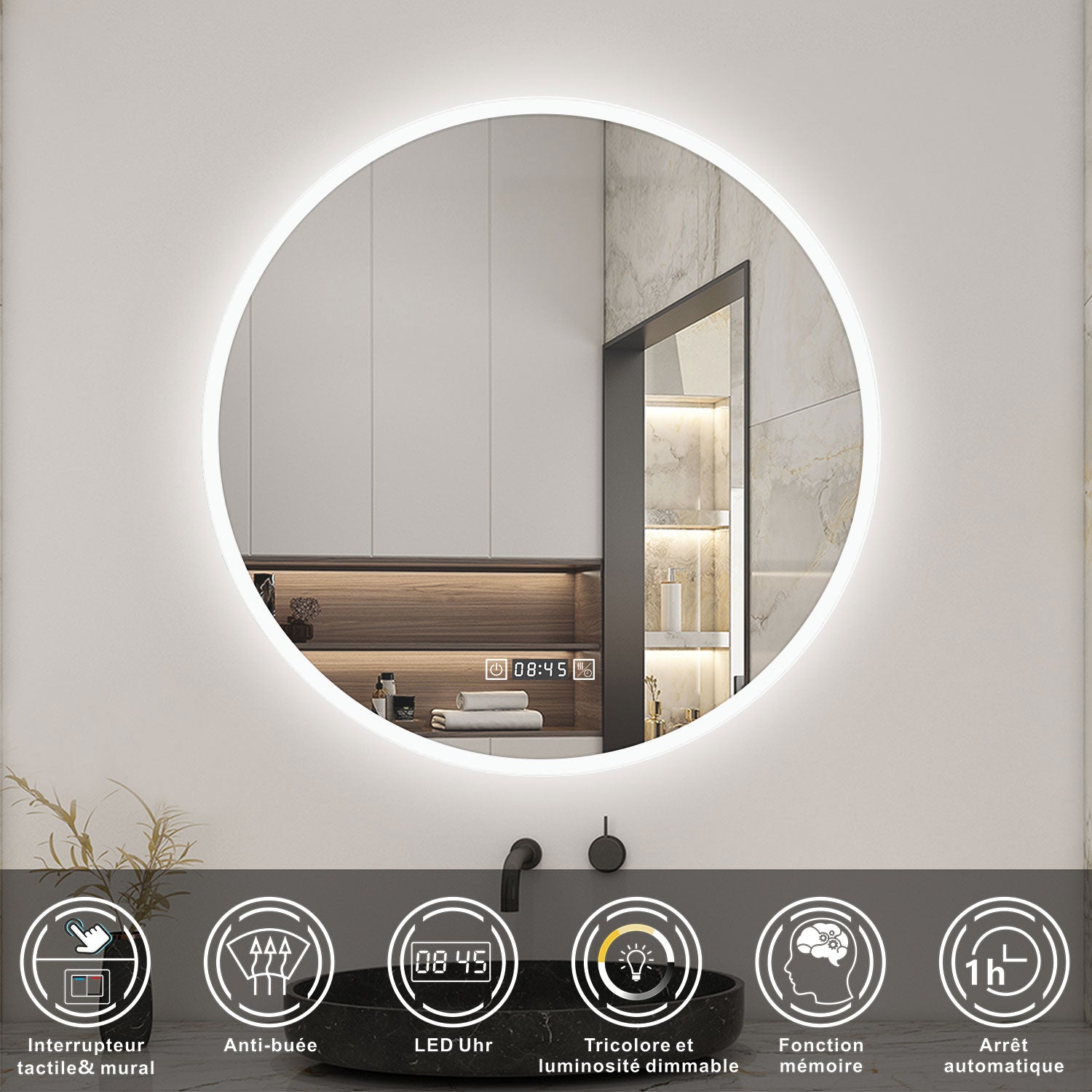 AICA Miroir lumineux rond 60cm,3 couleurs + dimmable + horloge + anti-buée + mémoire, miroir salle de bain - 2
