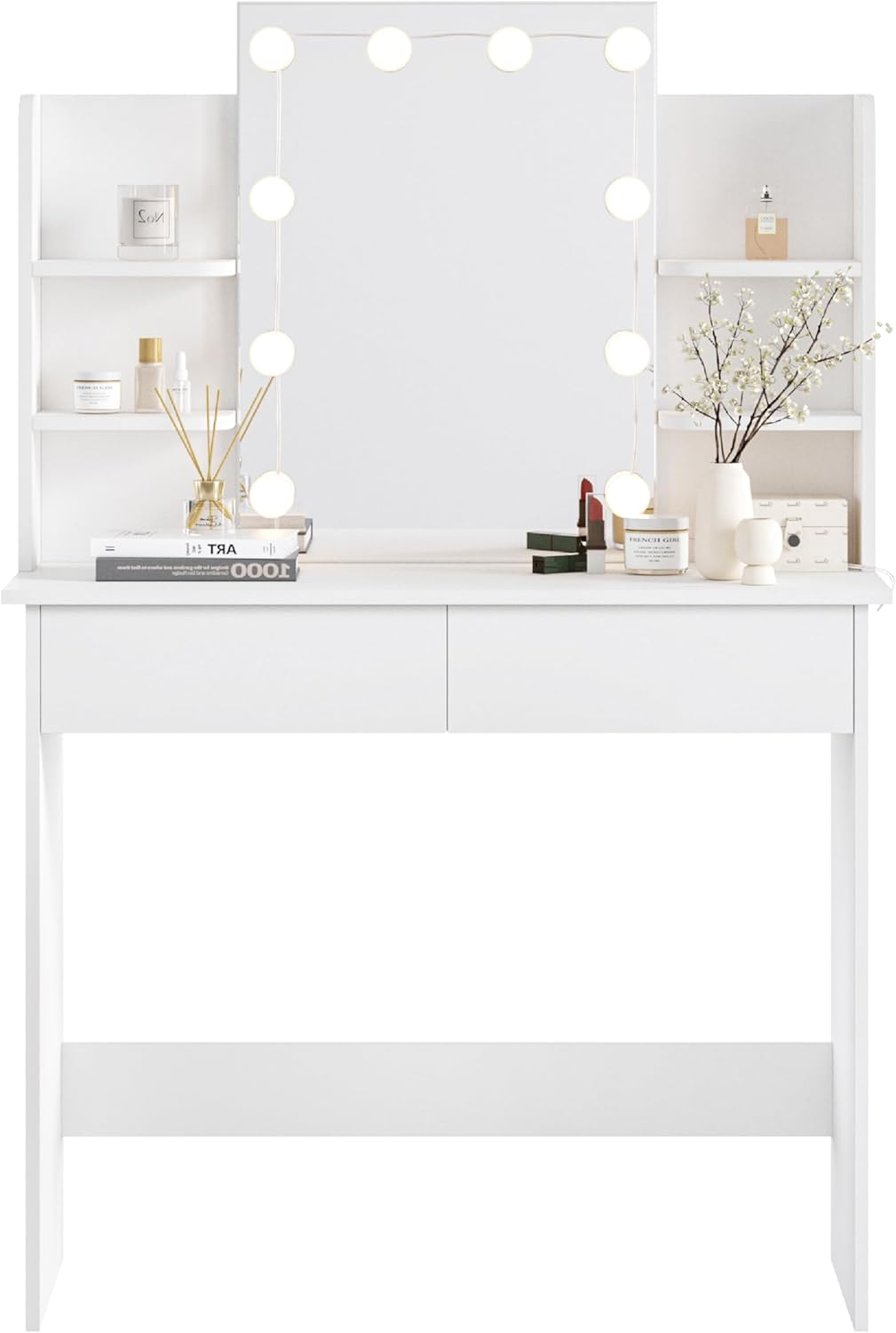 Coiffeuse avec Miroir LED à Luminosité Réglable - 2 Tiroirs et 4 Étagères de Rangement - Table de Maquillage - Blanc - WOLTU - 9