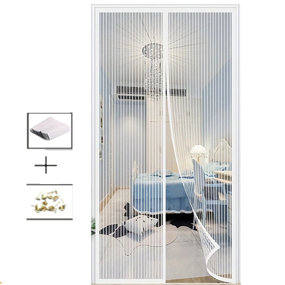 Moskitiera magnetyczna do drzwi 120 x 210 cm, zewnętrzna, z moskitierą, zamykana automatycznie, bez użycia narzędzi, łatwa w montażu, białe paski