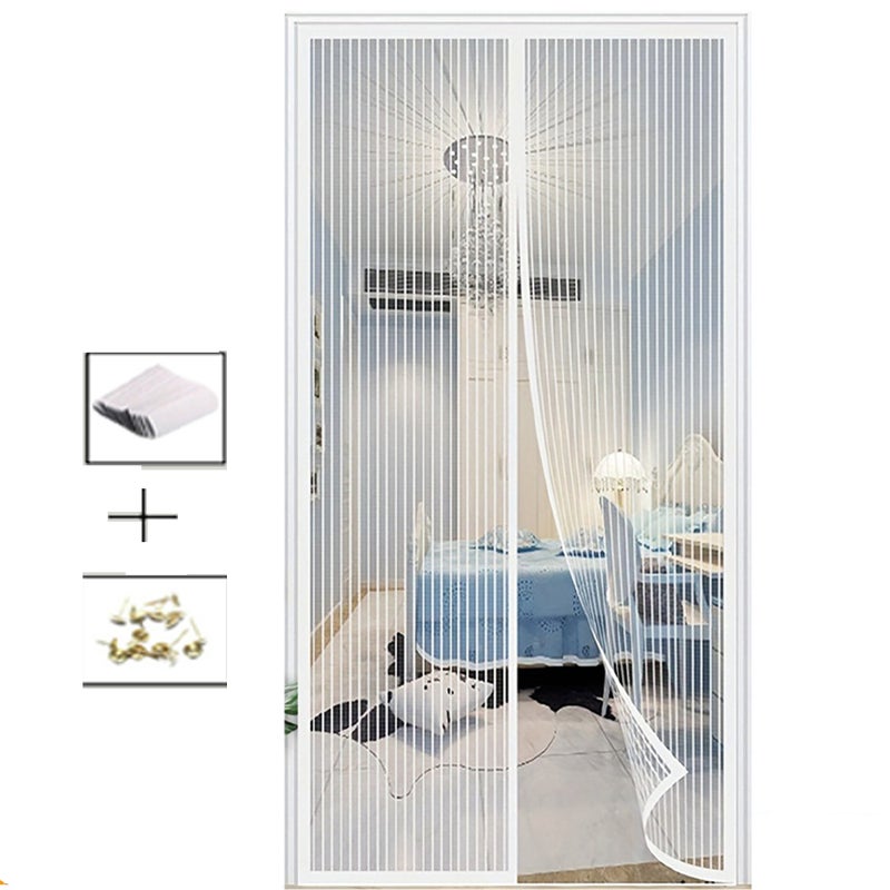 Moskitiera magnetyczna do drzwi 120 x 210 cm, zewnętrzna, z moskitierą, zamykana automatycznie, bez użycia narzędzi, łatwa w montażu, białe paski