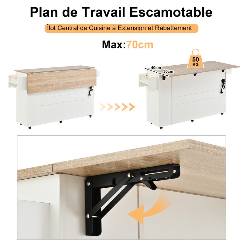 Îlot de Cuisine Mobile avec Rallonge Extensible 135 x 40-70 x 90 cm, meuble rangement mobile avec Plan de Travail, Poubelle Intégrée et Prises, Blanc - 6