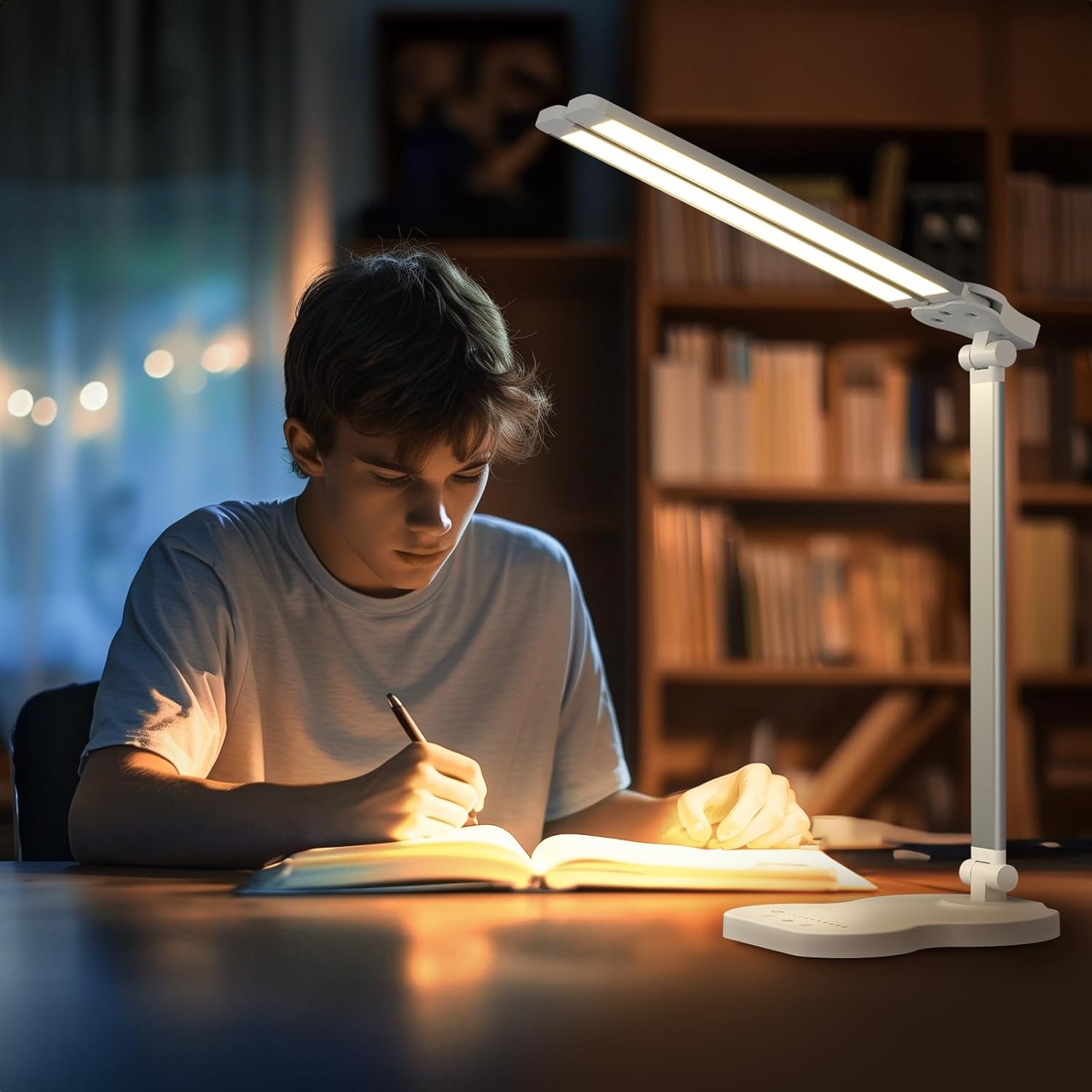 Lampe de bureau LED, lampe de bureau à double bras avec 5 couleurs et 10 niveaux de luminosité, lampe de lecture avec minuterie, lampe de table - 8