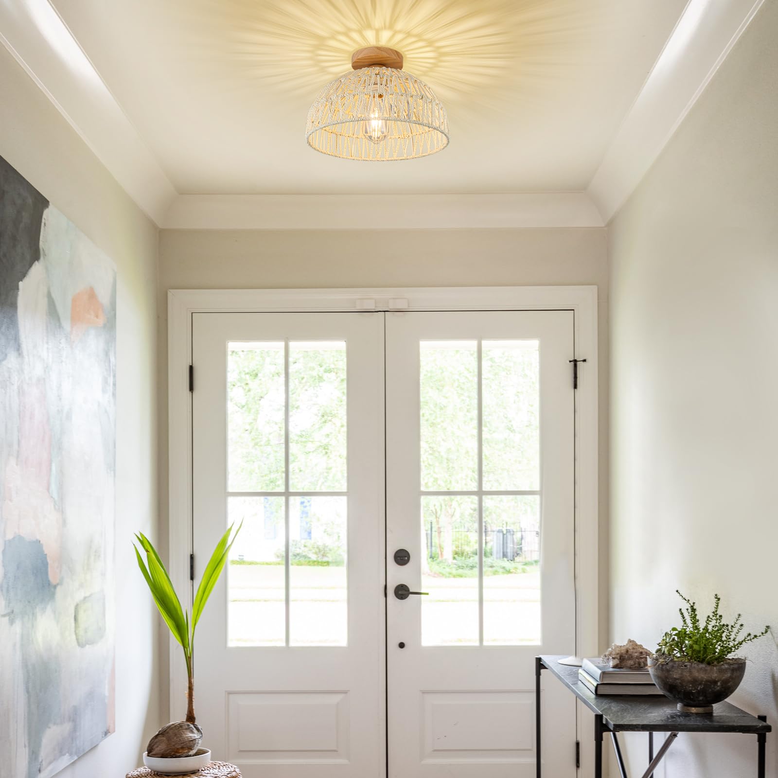 Lampa sufitowa z rattanu, żyrandol w stylu boho, ręcznie tkana lampa wisząca, żyrandol w stylu wabi-sabi do domu na wsi, sypialni, przedpokoju, holu - 9