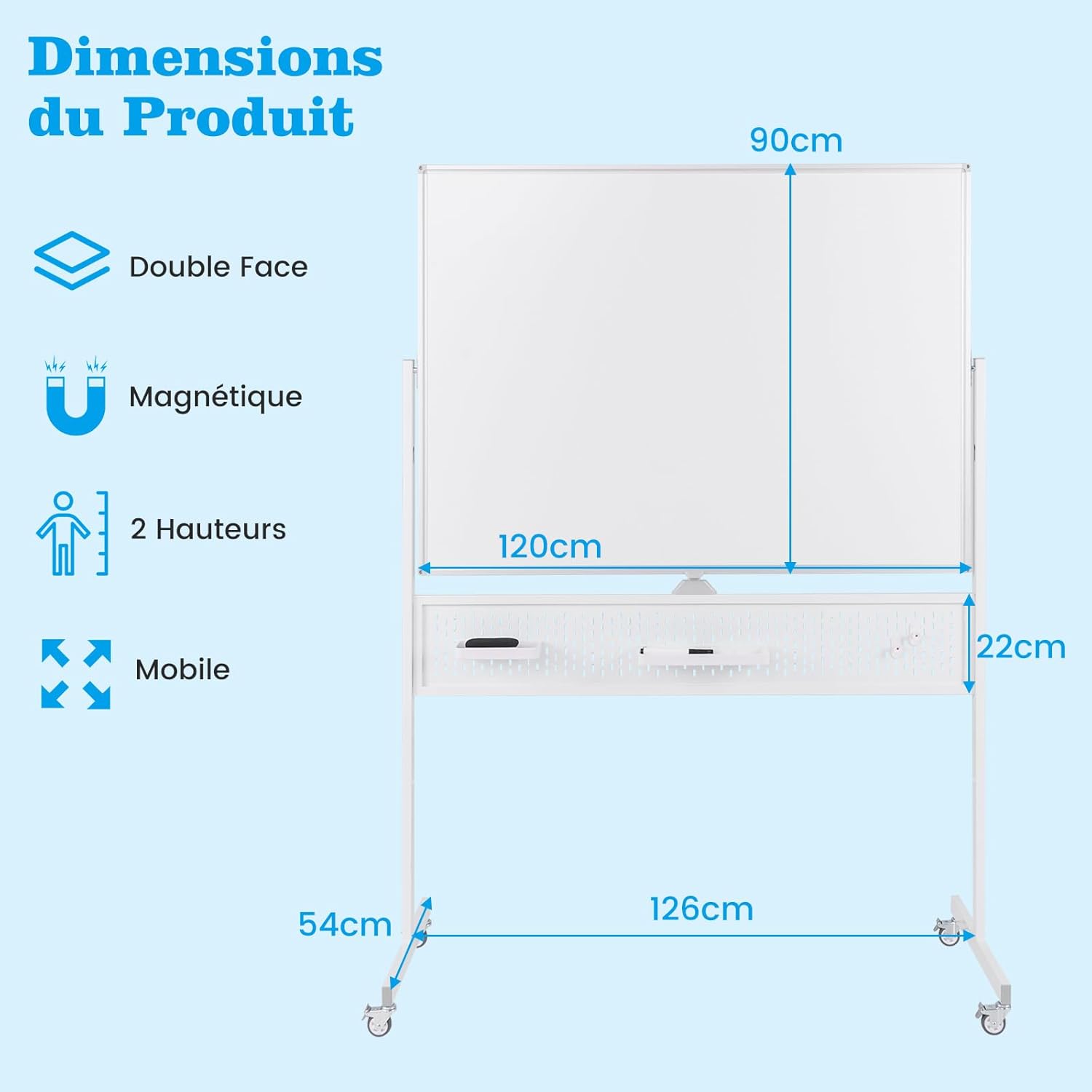 Tableau Blanc Effacable sur Pied 120 x 90 cm, Double Face, Tableau Blanc Roulette, 2 Hauteur Réglables, Cadre en Métal,Panneau Perforé (Blanc) - 3