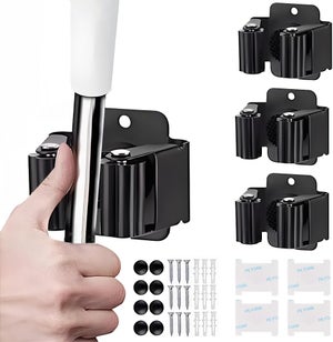 TopHomer Supporto per scopa da 4 pezzi, in acciaio inox, supporto per mocio autoadesivo da parete con gancio Gancio porta scopa autoadesiva per cucina bagno giardino Armadio lavanderia-Grigio