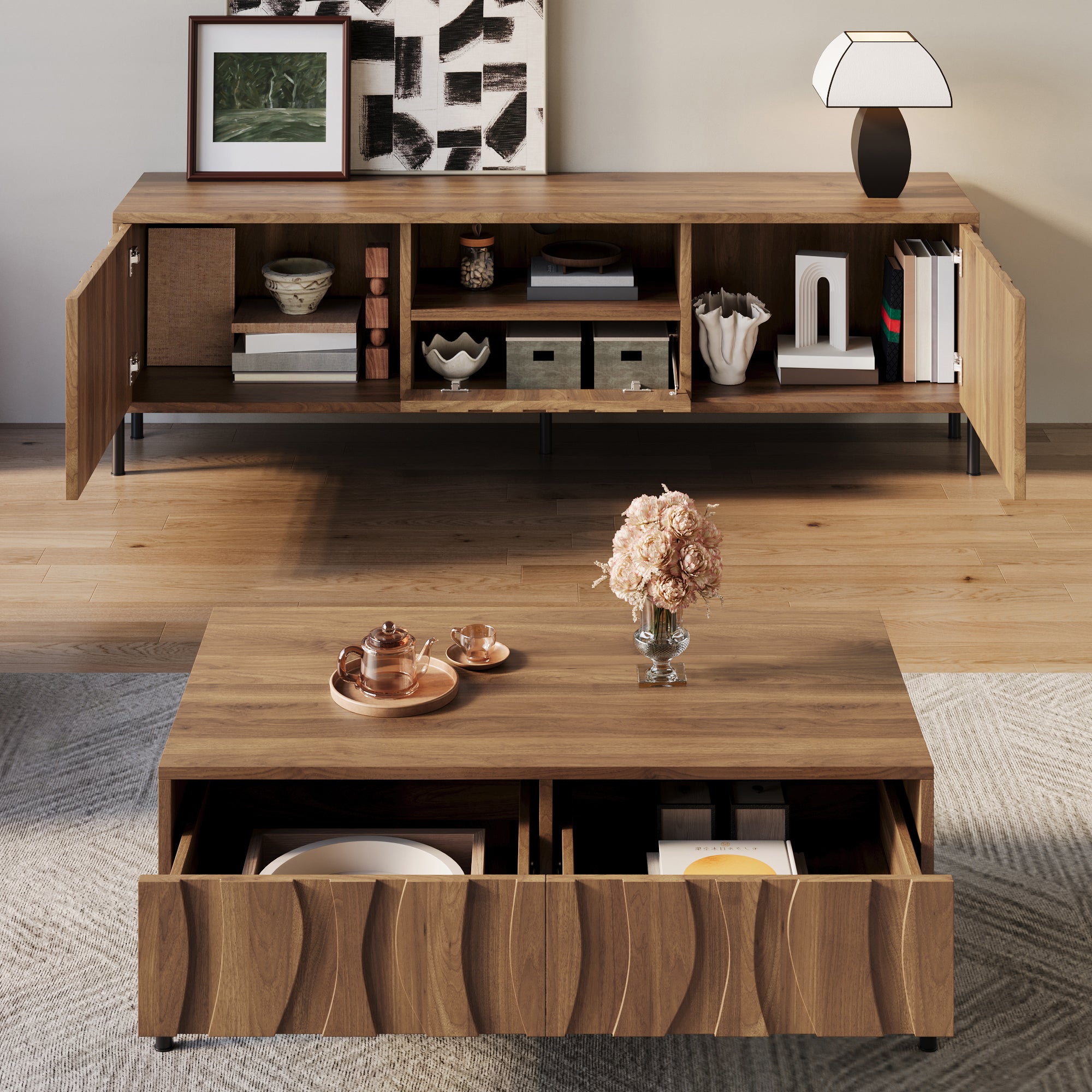 Zestaw stolika kawowego i szafki RTV - 160 x 35 x 46 cm + 105 x 55 x 41 cm - Drzwi z falistym wzorem - Płyta MDF - Naturalna - 8