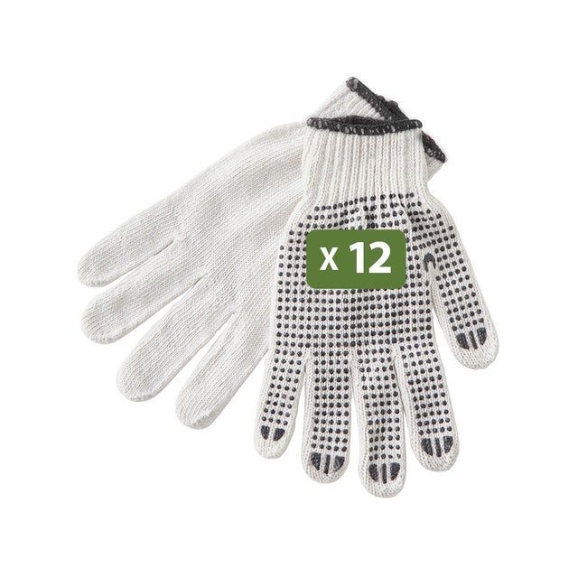 Gants de travail déménagement - Coton et PVC antidérapant - Taille unique - Lot 12 paires - Blanc et noir