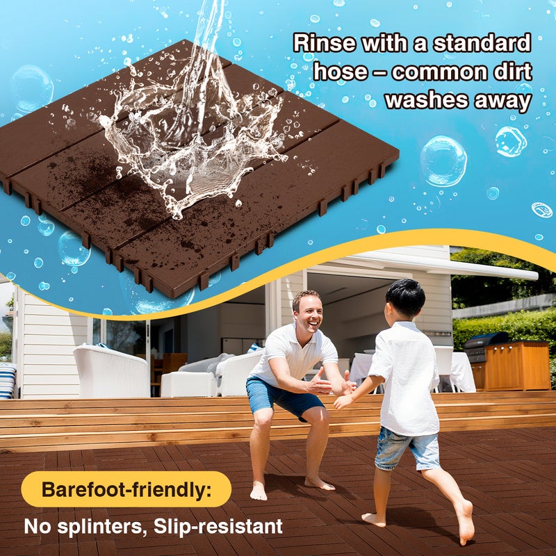 Lot de 110 dalles de terrasse 30x30cm sol en plastique avec système d'encliquetage Pose Rapide Idéal Jardin, Balcon Brun (110 pcs/10 m²) - 6