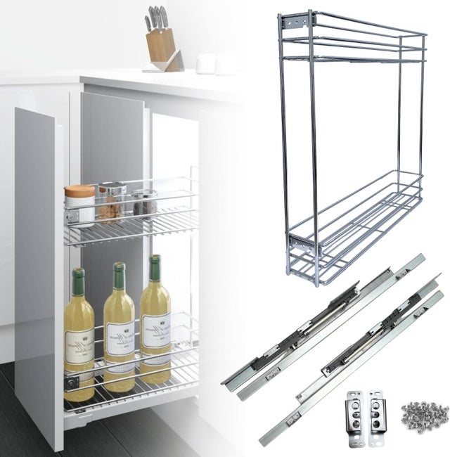 MODULE 15 CM - Panier Coulissant pour meuble - Sortie Totale, Fermeture Amortie - Chariot Cuisine Acier Inox. Porte Bouteilles Epices Bocaux