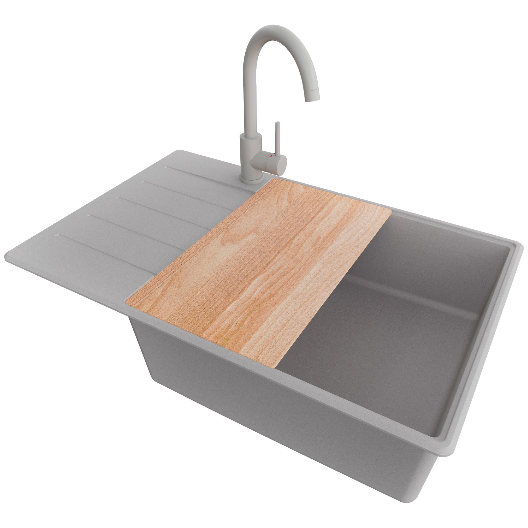 Zlewozmywak Granitowy Szary 78x50cm, Zlew Kuchenny 1 Komorowy + Bateria 32x20cm + Syfon + Deska, Nablatowy do szafki od 60cm - Kopenhaga PRIMAGRAN