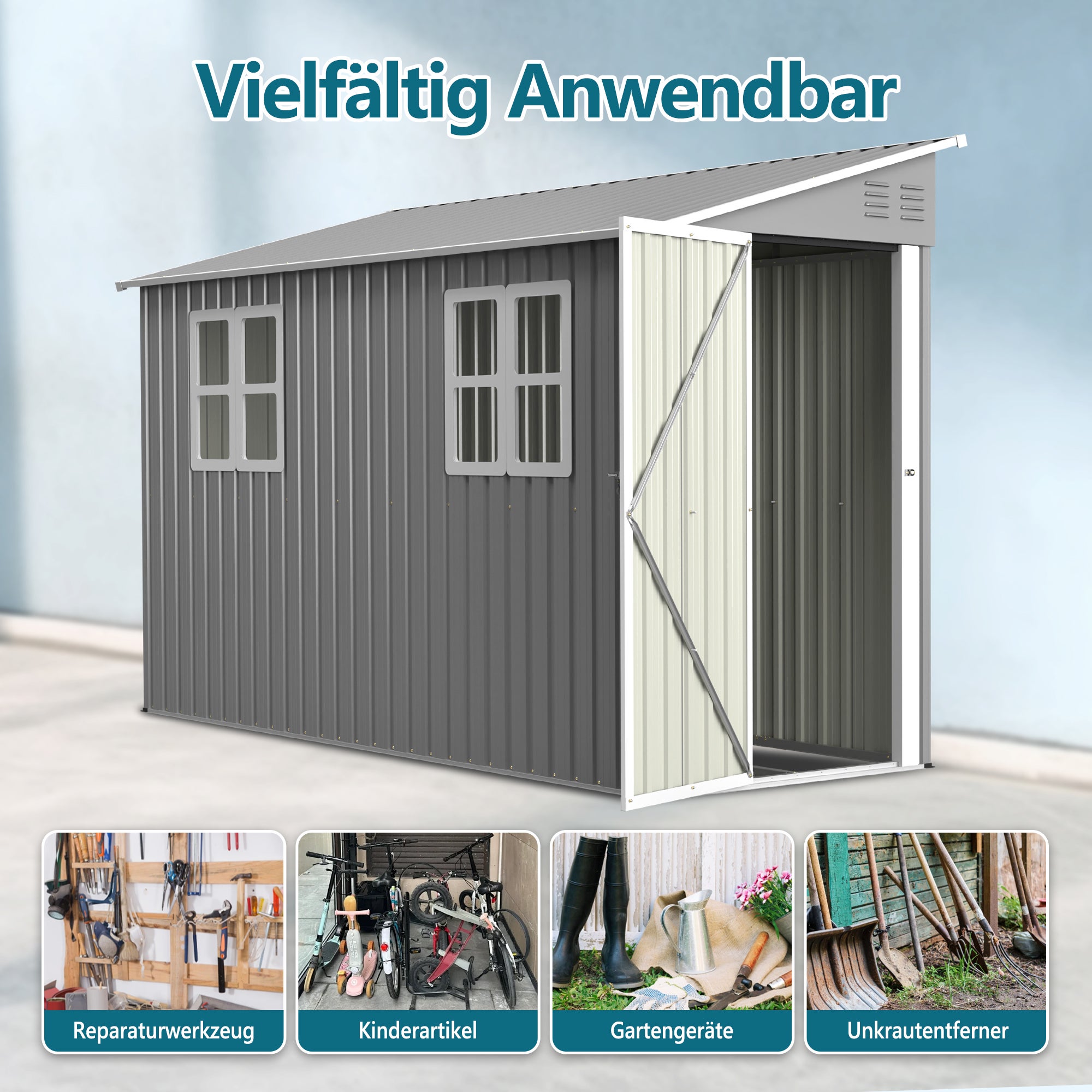 Caseta de jardín exterior3,2 m² /291x110x188 cm con kit de suelo – Caseta para herramientas con 2 puertas+ 2 ventanas,Cobertizo Metálico - Gris - 8