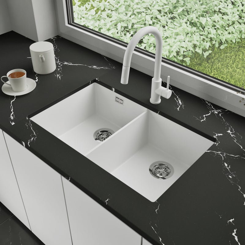 Zlewozmywak podblatowy 76x47cm, do szafki od 80cm + Bateria + Syfon - Agate Biały STONESTYLE