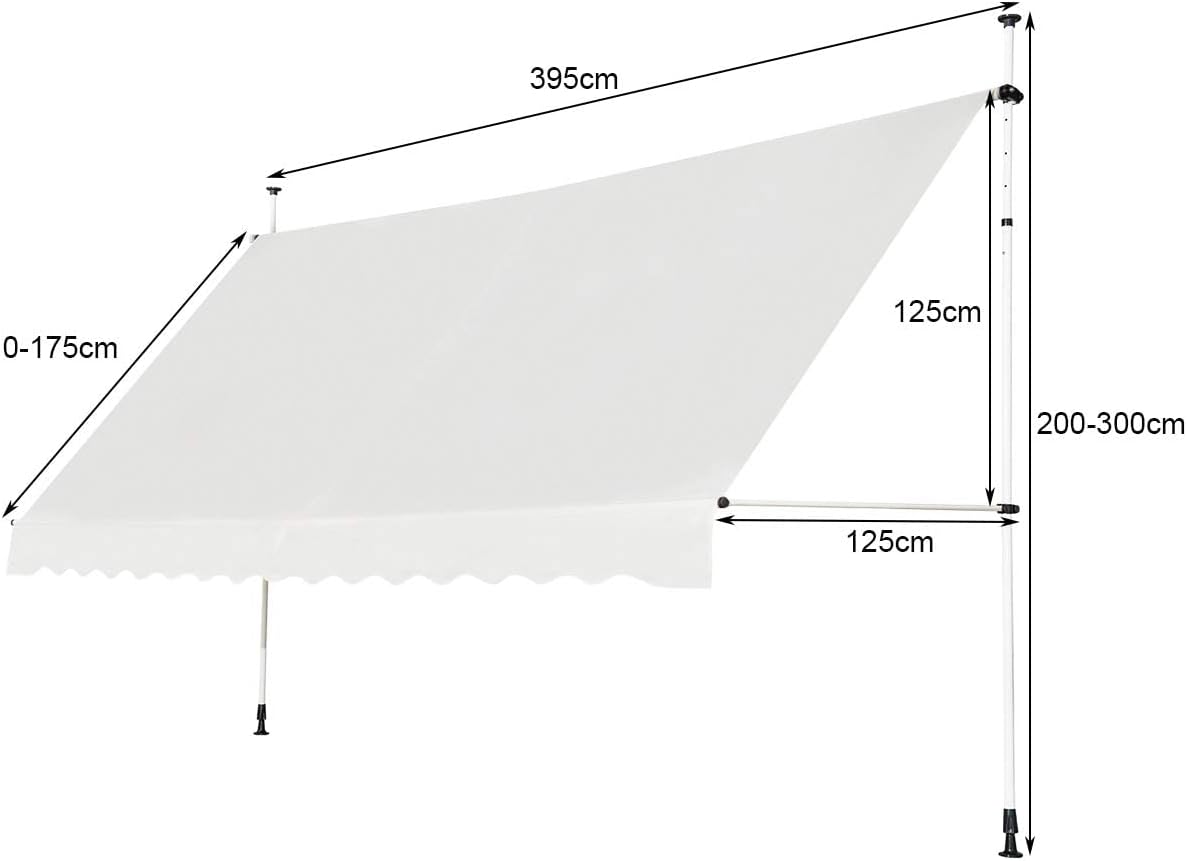 Store Banne Manuel Rétractable 4x1,2M en Aluminium-sans Perçage-Hauteur Réglable 2-3M-Auvent Banne de Balcon sur Pied,Beige - 2