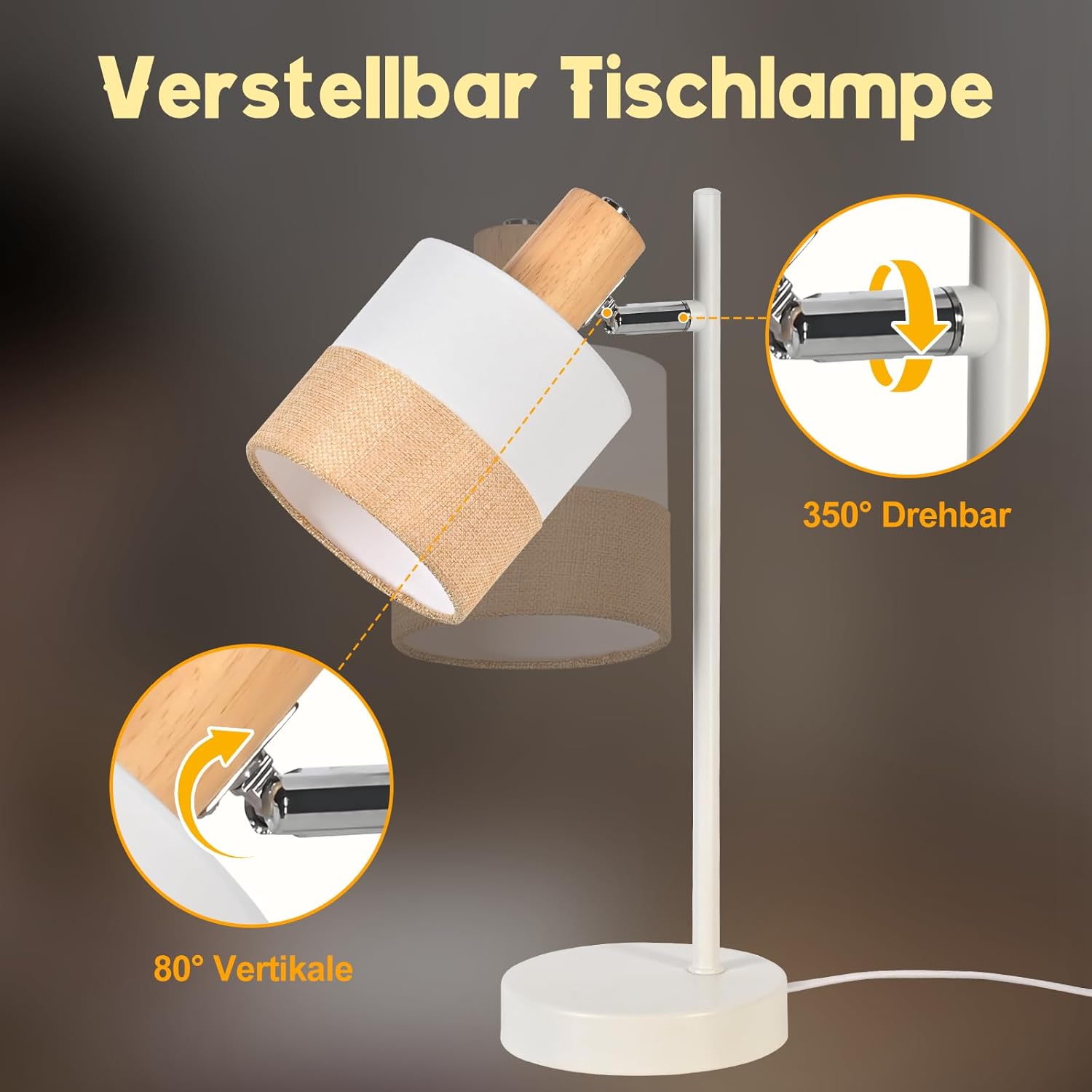 Nettlife Lampa Stołowa Vintage Drewno E14, Klosz Tkanina, Obrotowa, Rustykalna do Sypialni i Biura (Brak żarówki) - 5