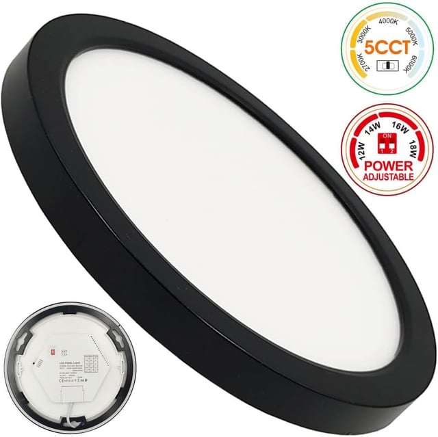 Plafon Led Techo Circular Negro 230mm, 18W, 2160Lm, Lampara Superficie o Empotrable, Potencia Regulable, CCT 2700K a 6000K