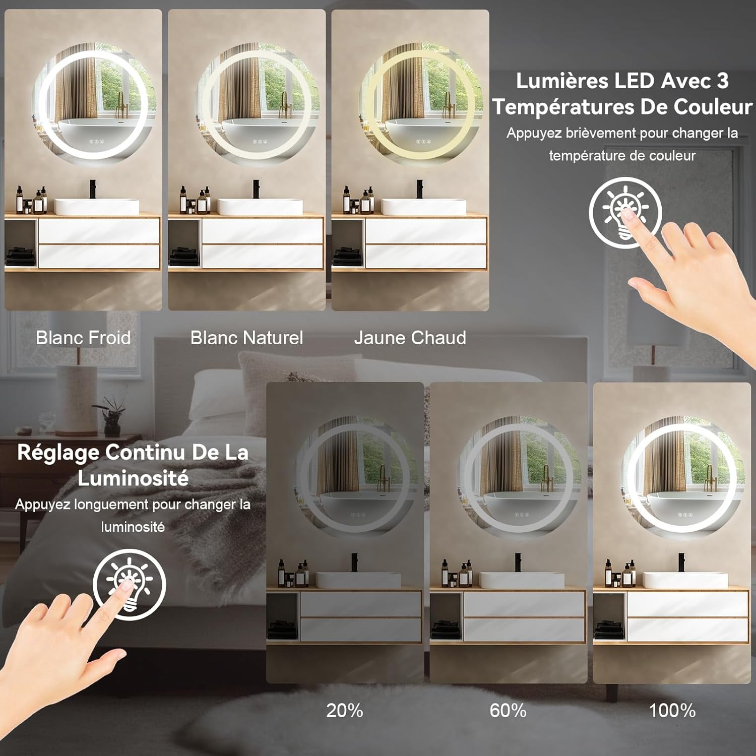 Miroir Mural Lumineux LED de Salle de Bain Rond Simple, étanche 3 Couleurs Lumière avec Interrupteur Tactile 40×40CM - 2