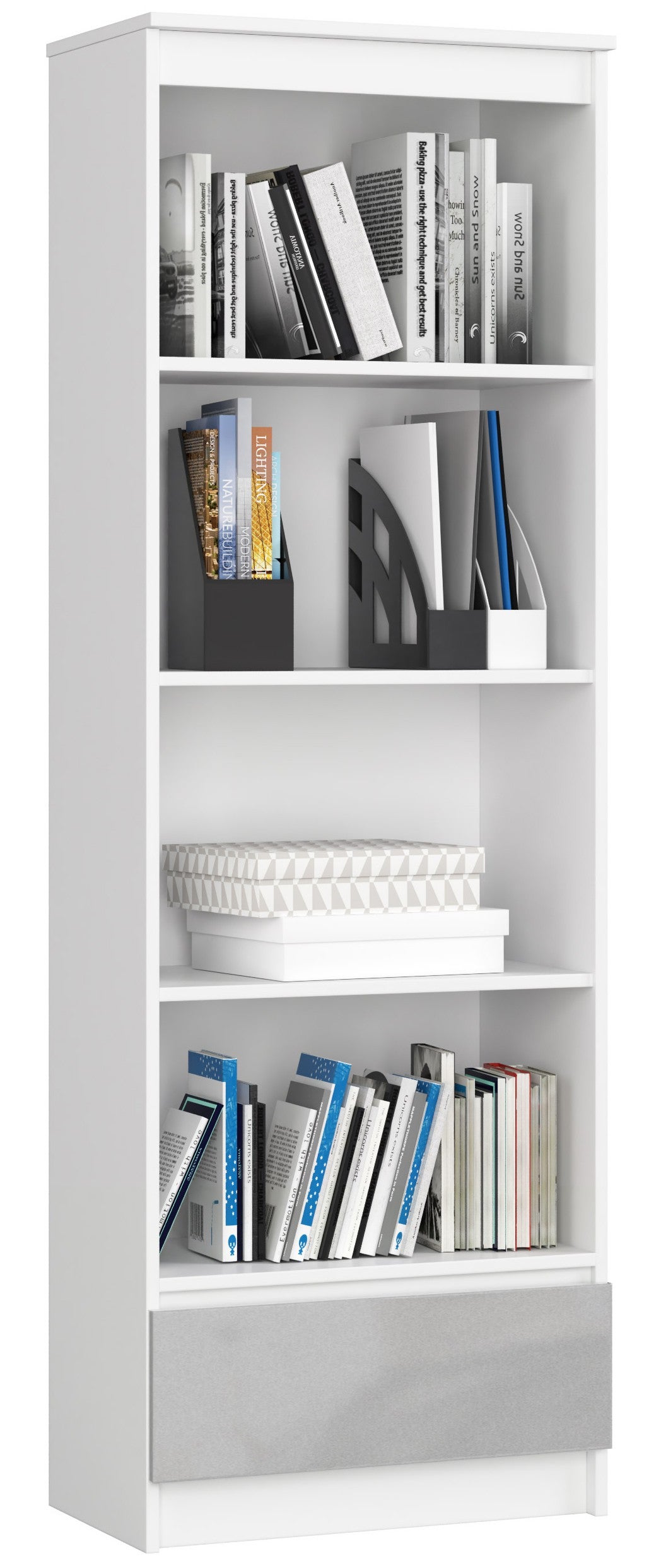 Regał AKORD R60 Biały 60 cm 1 szuflada kolor Metalik Połysk 4 półki 60x35x180 cm