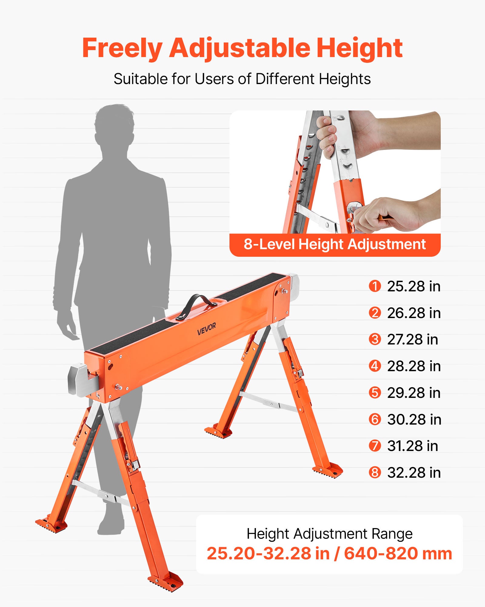 Chevalet Sciage,Lot VEVOR 2,Capacité Charge 816,5 kg,Hauteur Réglable,Pieds Robustes,Patins Antidérapants,Outil pour Menuiserie,Bricoleurs Bois - 4