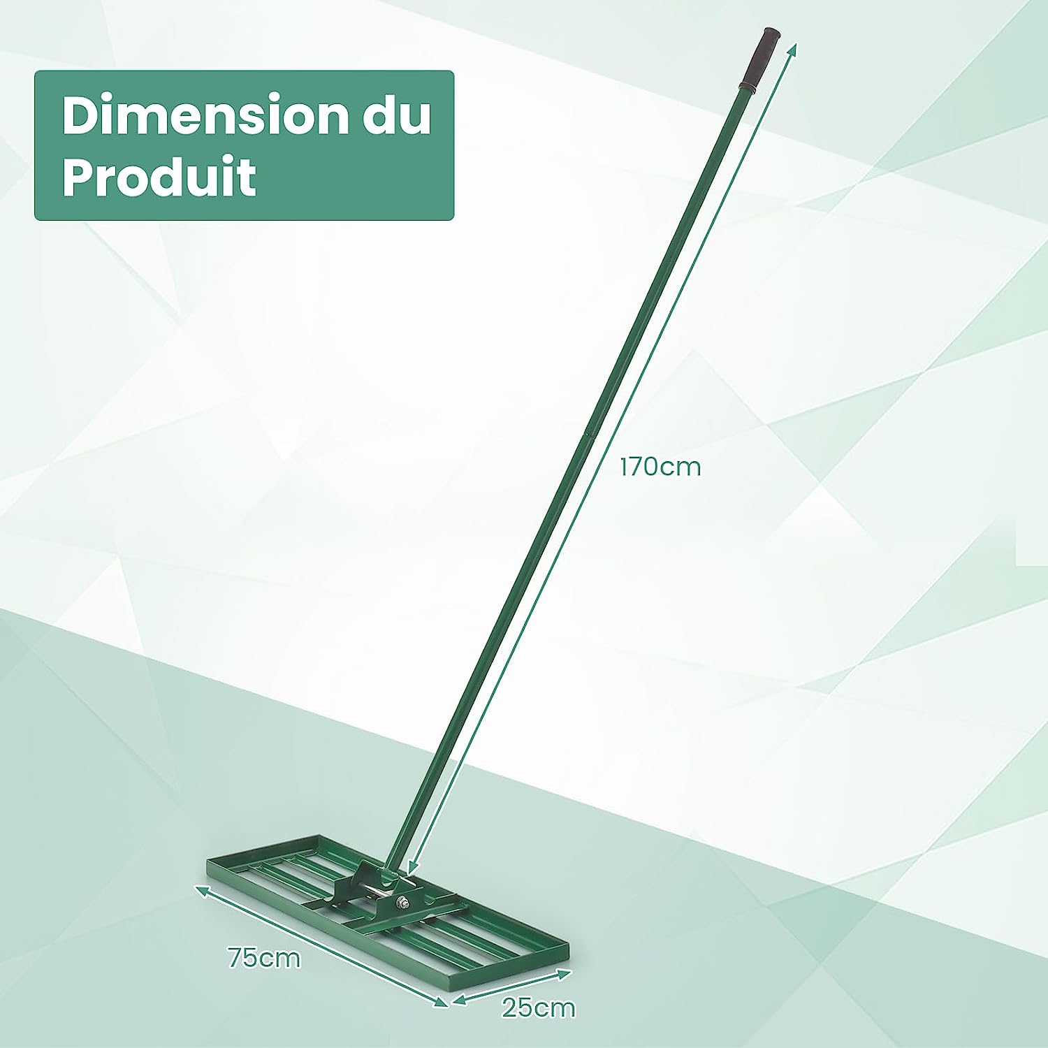 Râteau de Nivellement de Pelouse, Outil de Nivellement de Sol Robuste 75 x 25 cm avec Poignée de 170 cm, Niveleur de Sol, Vert - 5