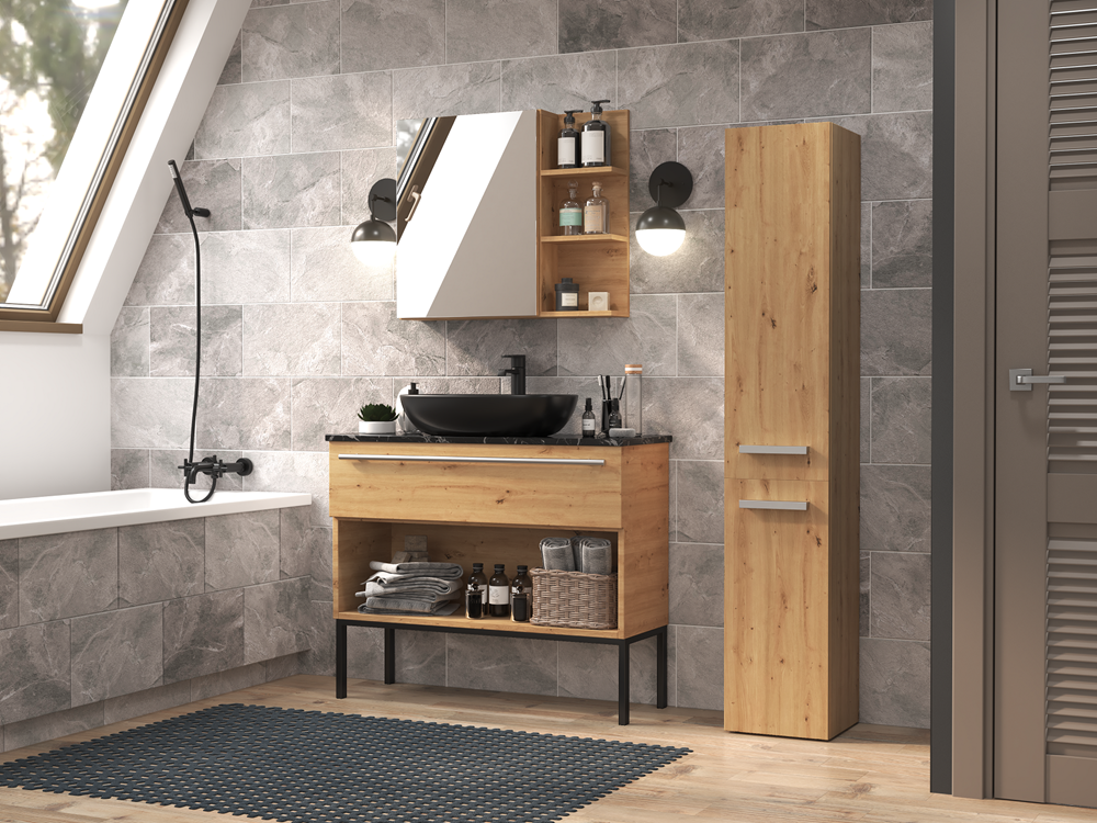KOMMA - Meuble salle de bain 2 portes - 31x30x174 cm - Colonne rangement SDB - Chêne - 4