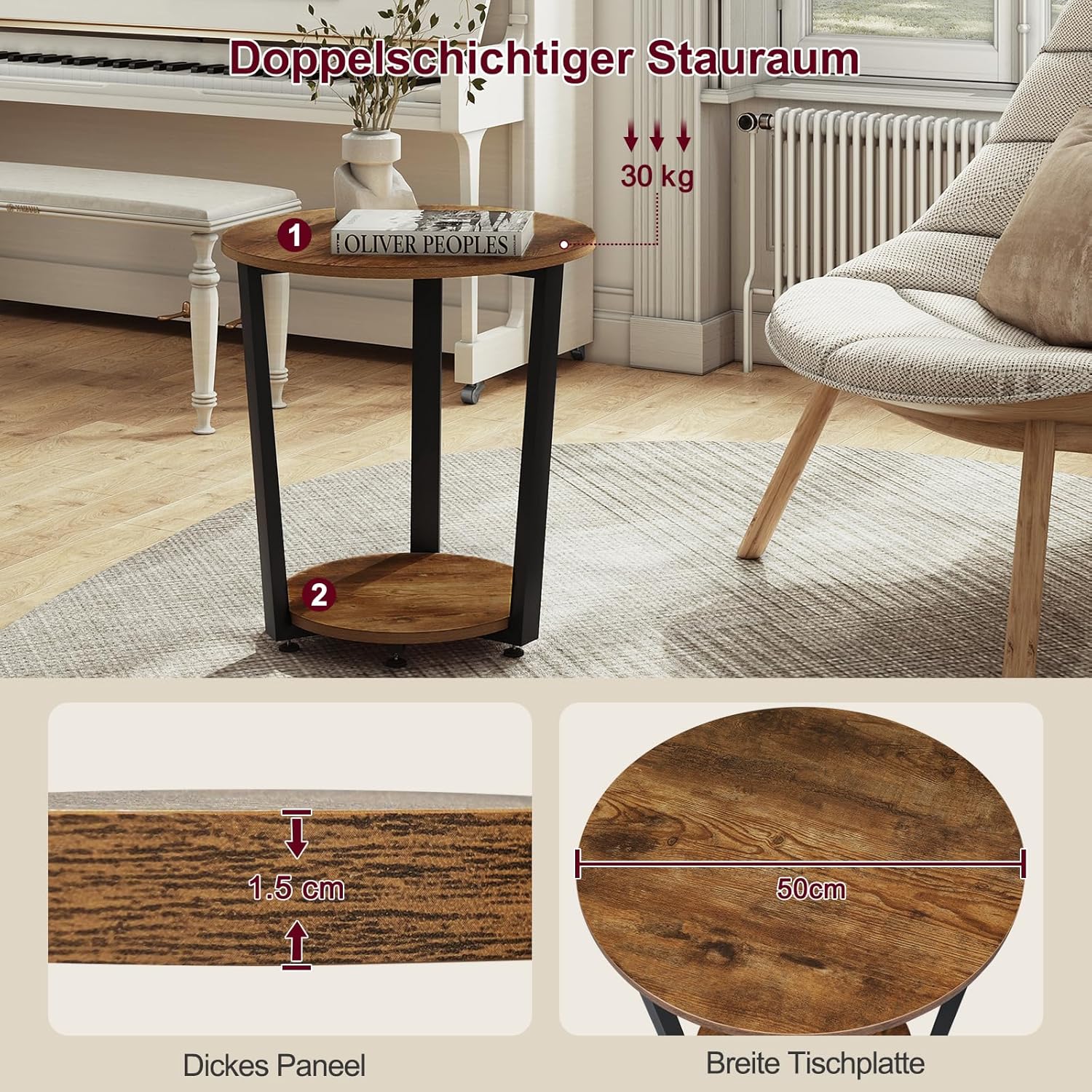 WOLTU Table Basse Ronde,Table d'Appoint à 2 Étagères,Bout de Canapé,Table de Chevet,en Bois Composé et en Métal,Marron Rustique - 5