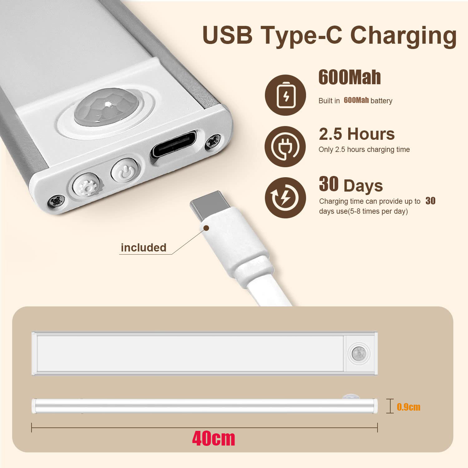 2 tiras LED ultrafinas recargables con sensor de movimiento y montaje magnético, negras, 40 cm, para armarios y roperos. - 3