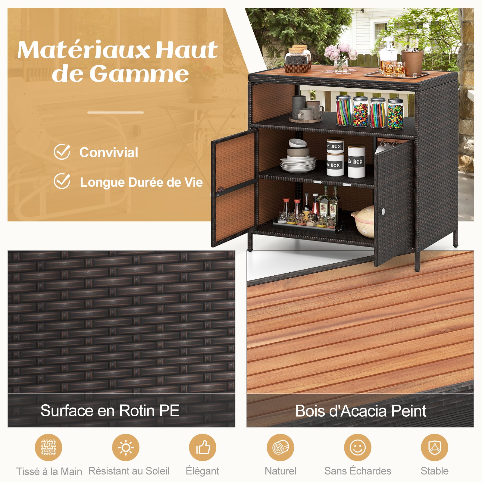 Armoire de Rangement Exterieur en Rotin, Armoire de Jardin avec Plateau en Bois d'Acacia Compartiment Ouvert Buffet à 2 Portes, Marron - 7