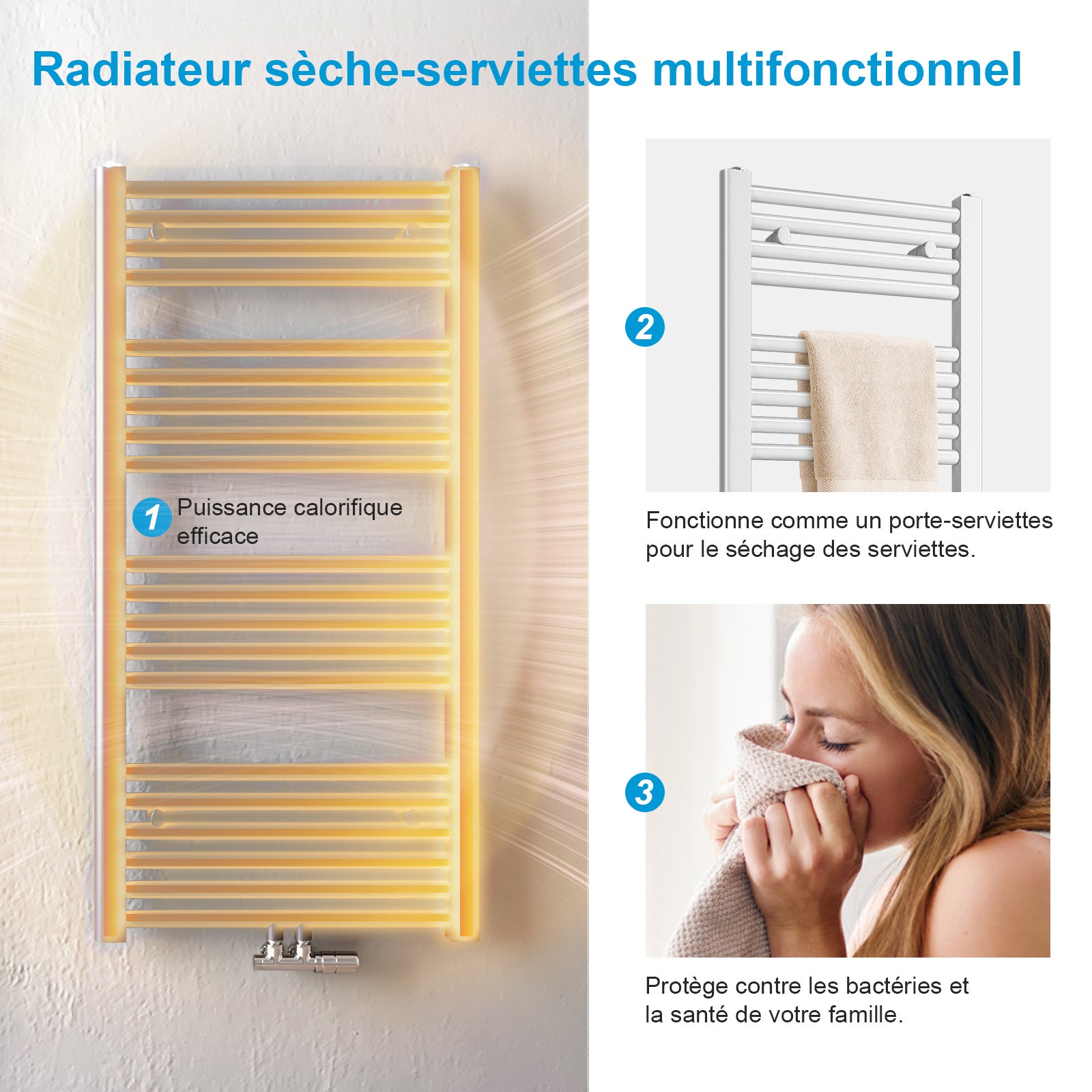 Heilmetz Sèche-serviettes eau chaude 100x60cm Blanc – Radiateur mural tubulaire droit, 498W pour chauffage central - 4