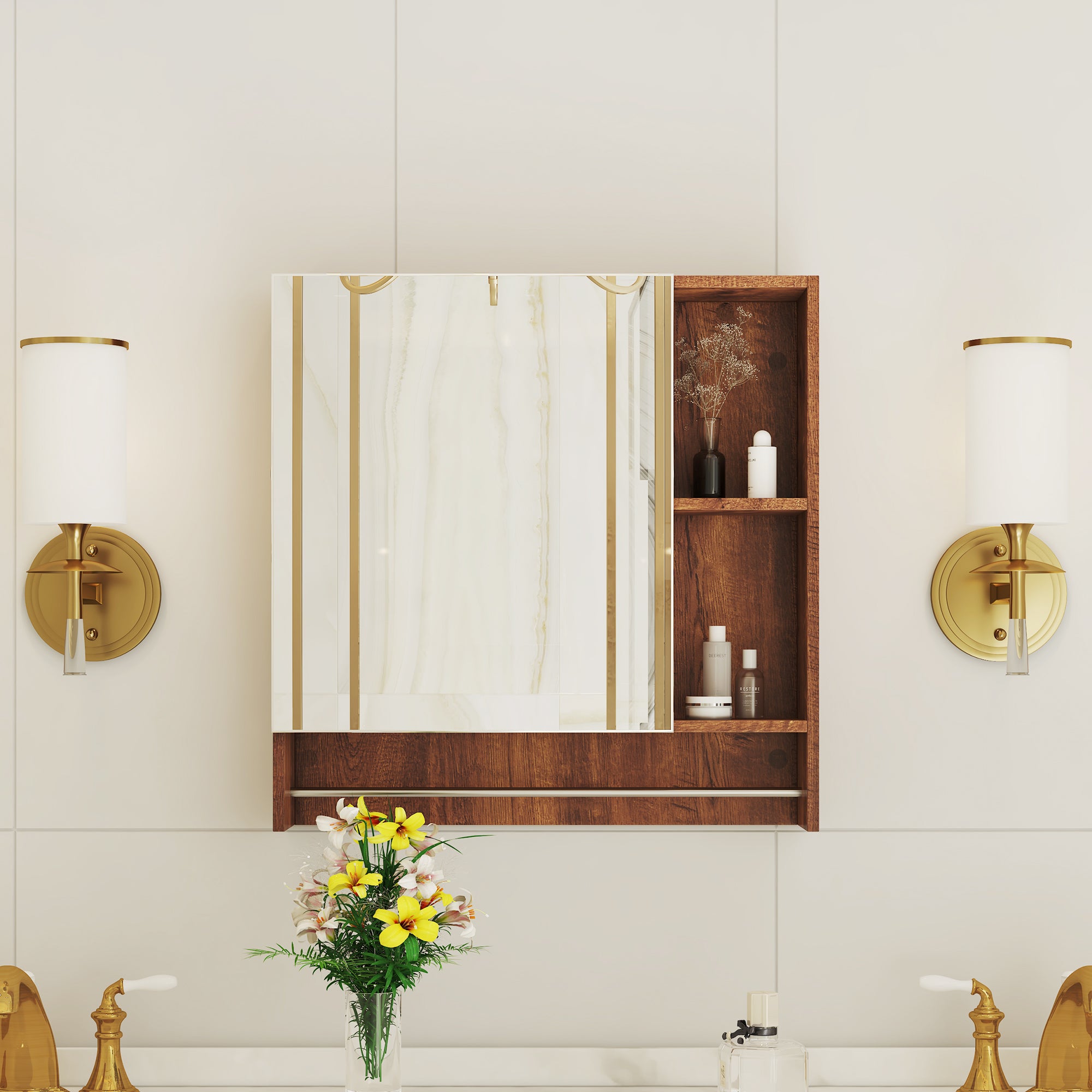 Mueble de baño en color nogal fabricado en mdf, con espejo y estantes abiertos – práctico mueble de baño con espejo