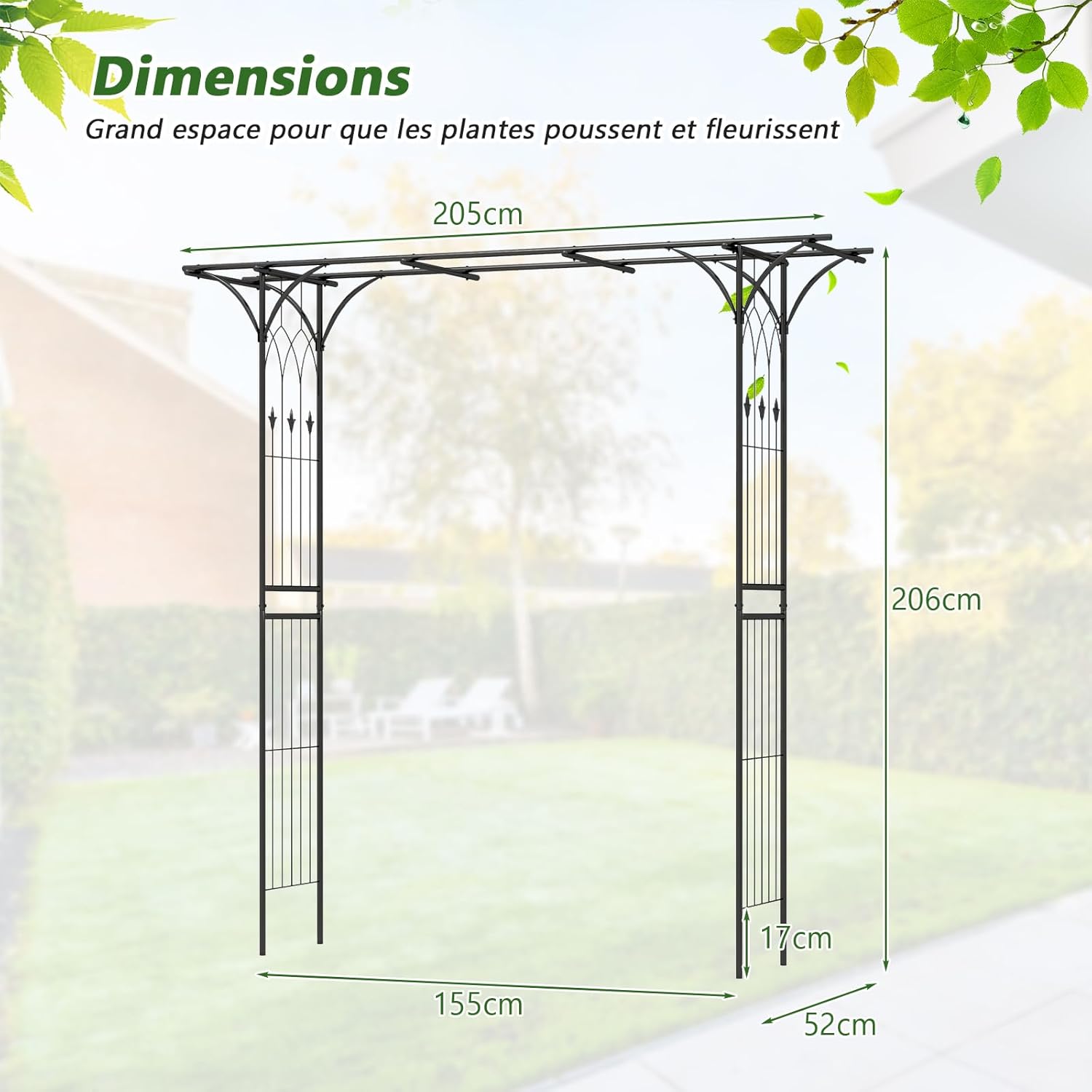 Arche de Jardin en Fer Forgé 205 cm, Treillis pour Diverses Plantes Grimpantes, Arche de Décoration Intérieure et Extérieure, 205 x 52 x 205 cm(Noir) - 2