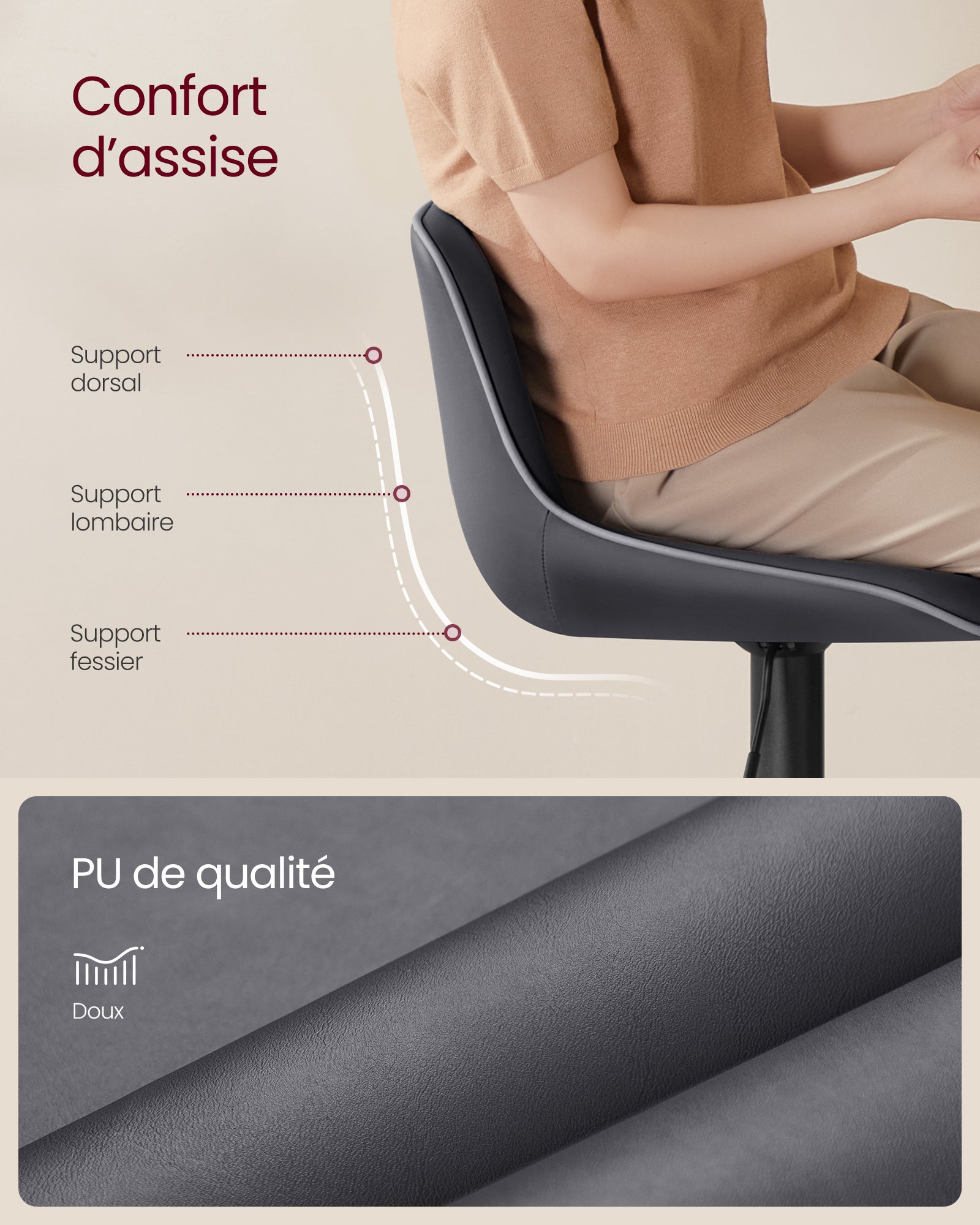 Lot de 2 Tabourets de Bar,Pivotants, Réglables en Hauteur, Dossier Ergonomique,PU, Base Métallique, Modernes, pour Îlot de Cuisine, Bar, Noir d'Encre - 4