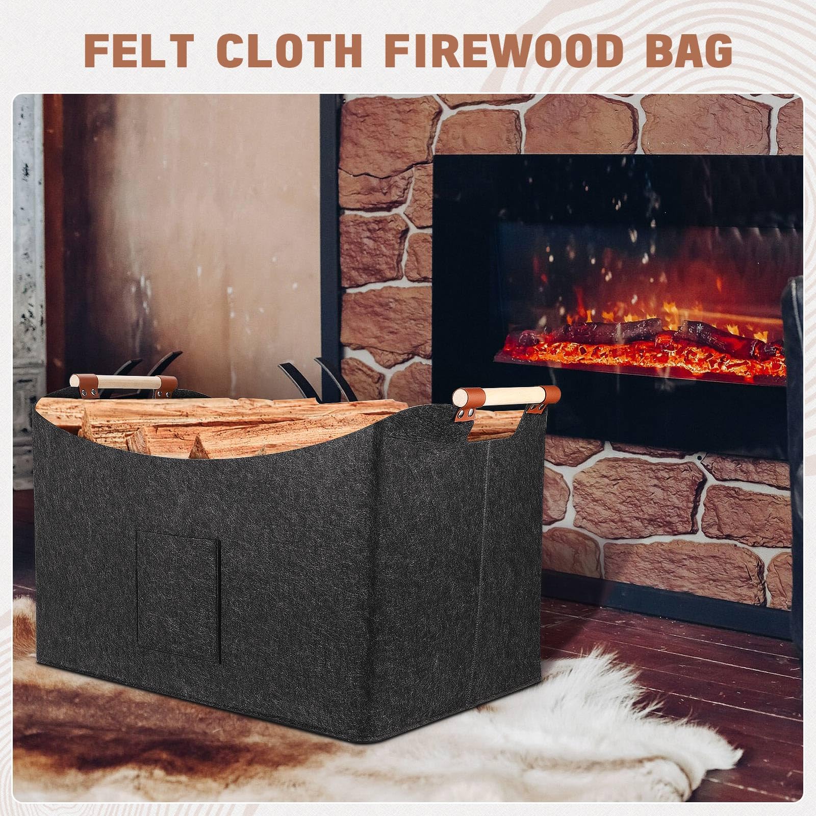 Panier à bois de chauffage pliable 96L, sac en feutre, 60 x 40 x 40 cm, panier à bûches avec poignées de transport, panier en feutre - 3