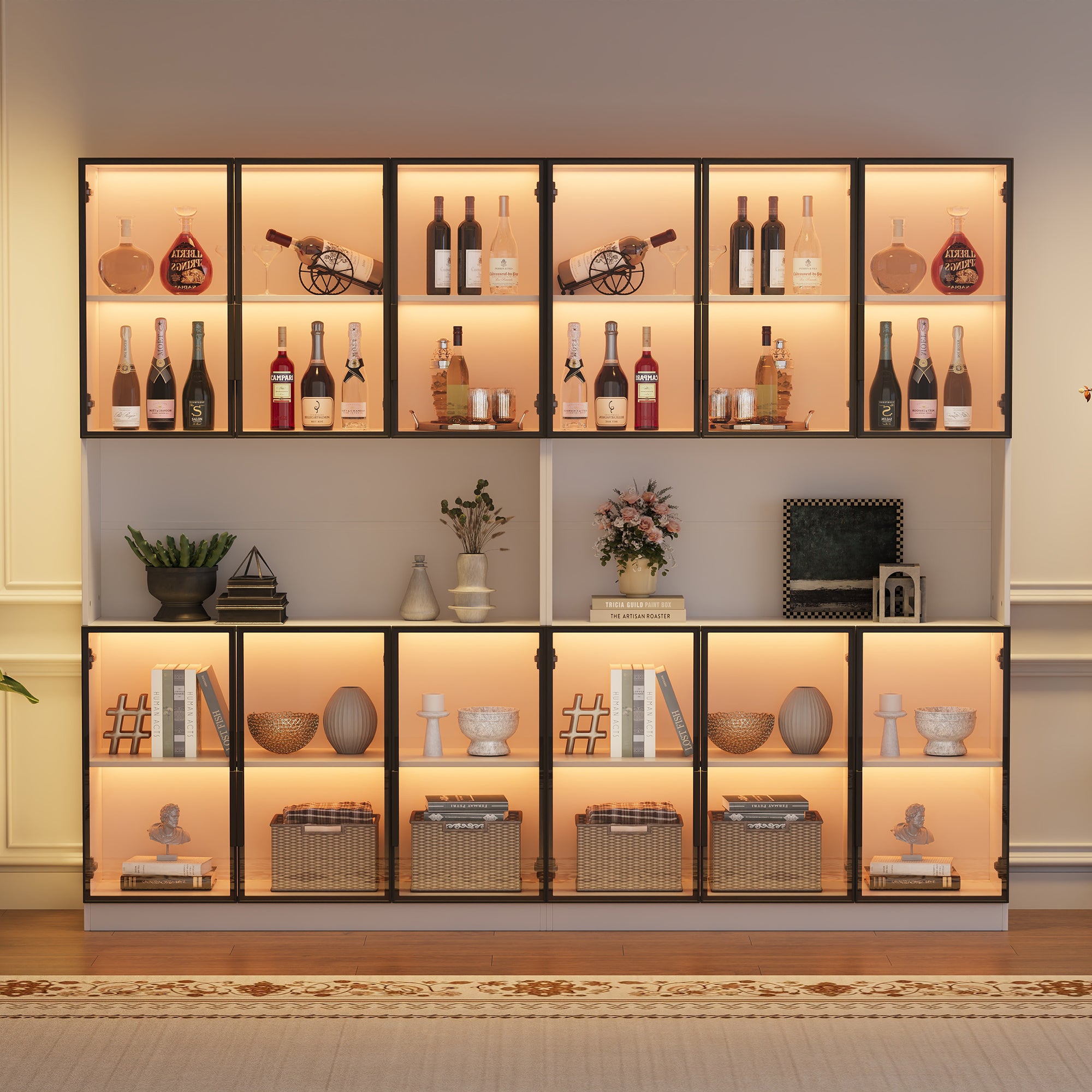 Witryna z 12 drzwiami szklanymi i 2 przegrodami - 120 x 34 x 200 cm - Diody LED - Płyta MDF - Biała