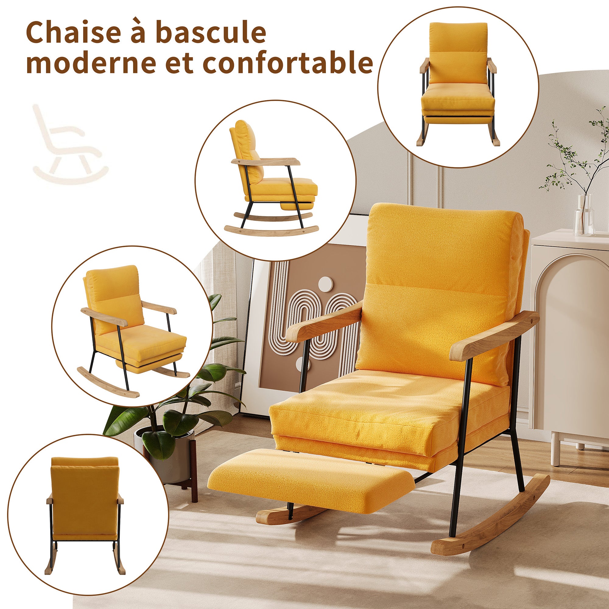 Fauteuil à Bascule, COZY, Symbiose entre Design Naturel et Confort Ergonomique, Fauteuil à bascule avec repose-pieds, Lin Jaune - 6