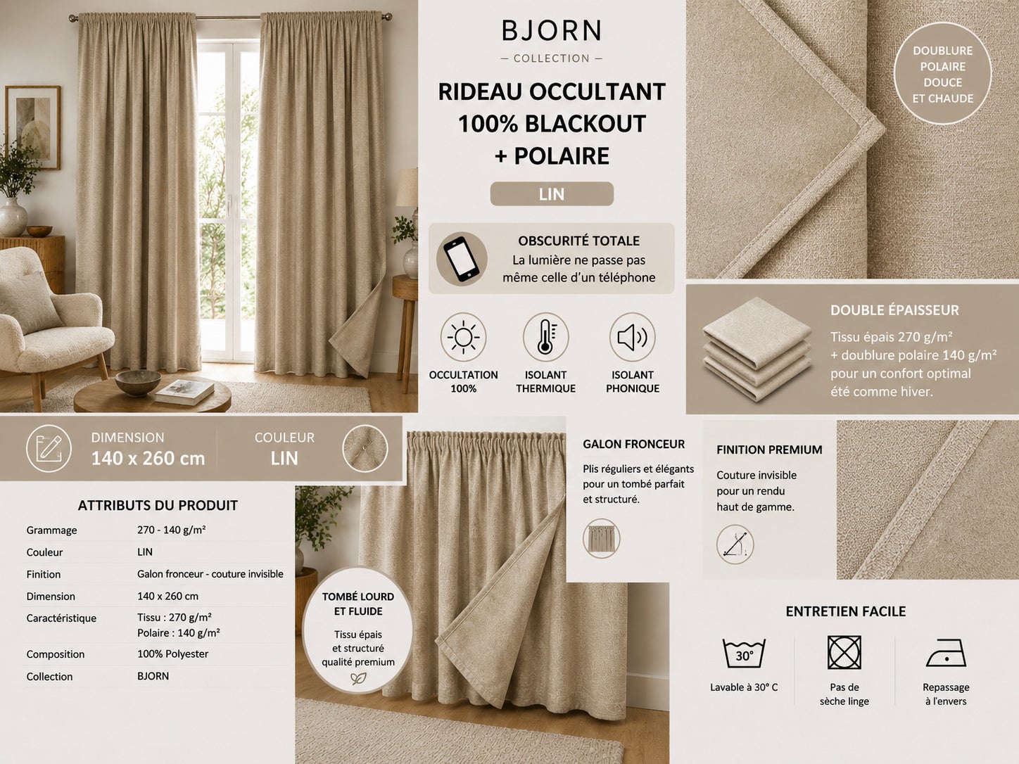 Lot de 2 Rideaux Blackout Beige lin 140 x 260 cm – Occultant Polaire – Galon Fronceur - 2