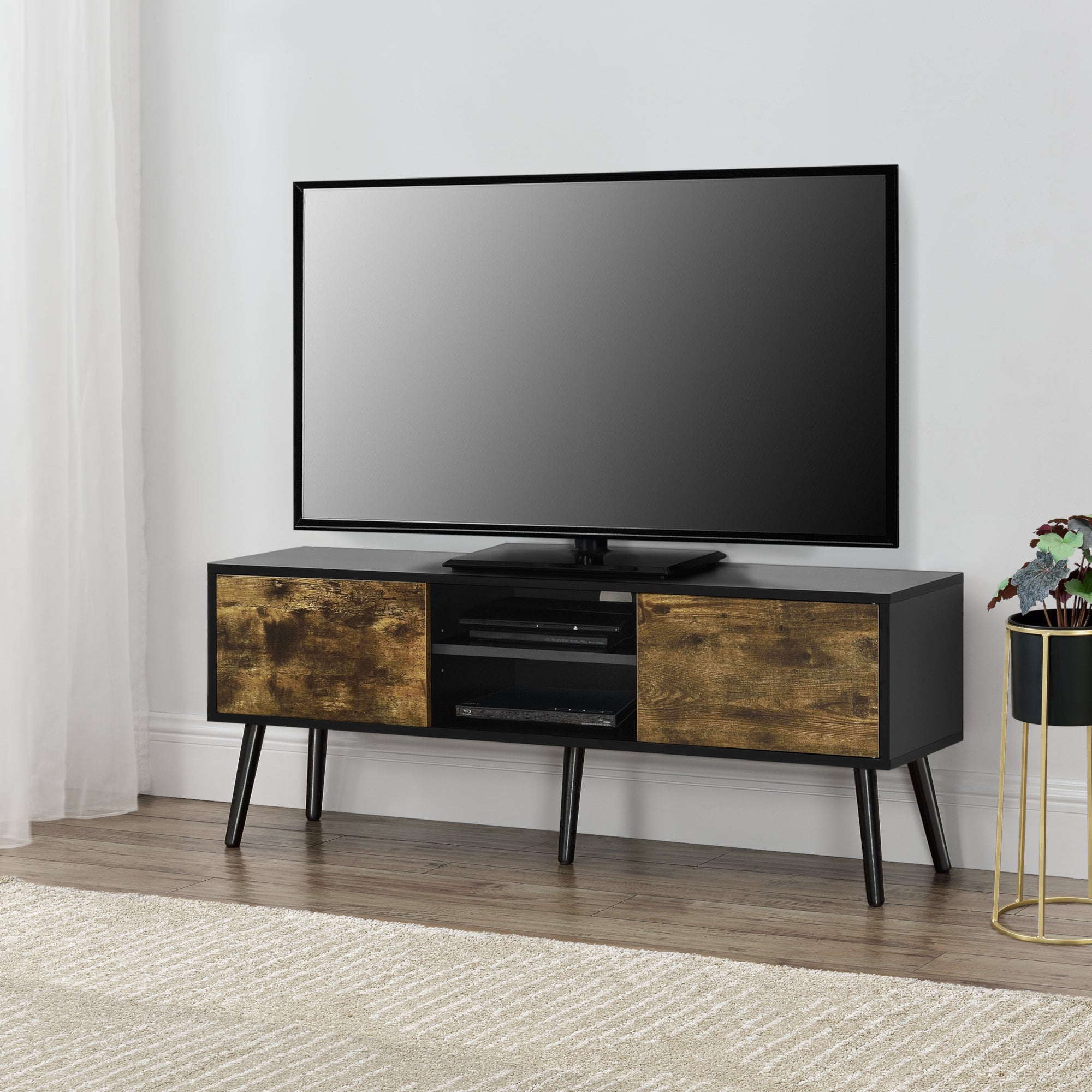 Mobile TV Moderno - Design A Contrasto Legno E Grigio, Con Ante, Scomparti Aperti E Passacavi, 170x36.5x42 Cm, Carico 50 Kg